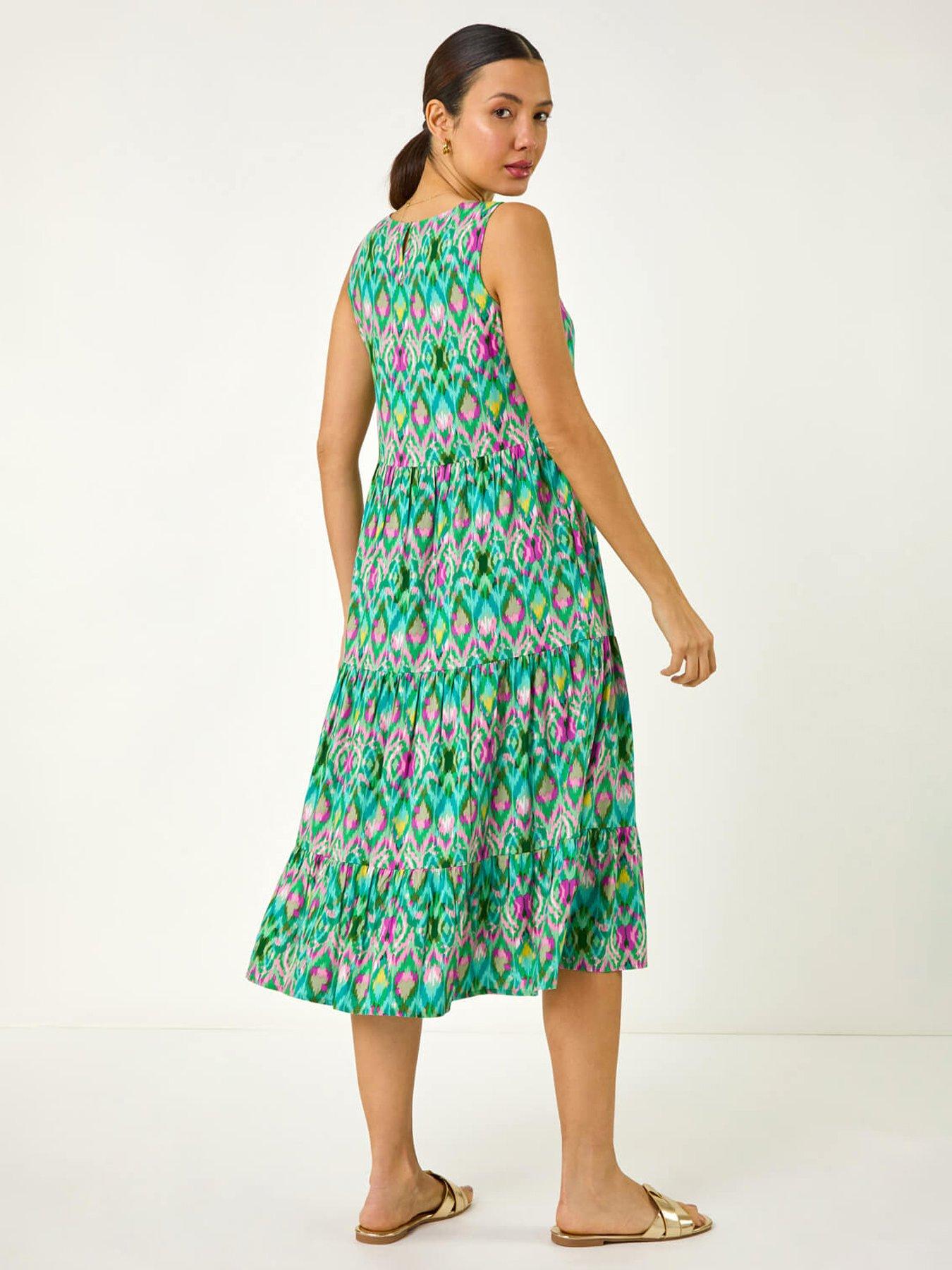  image of roman-abstract-print-smock-midi-dress-green