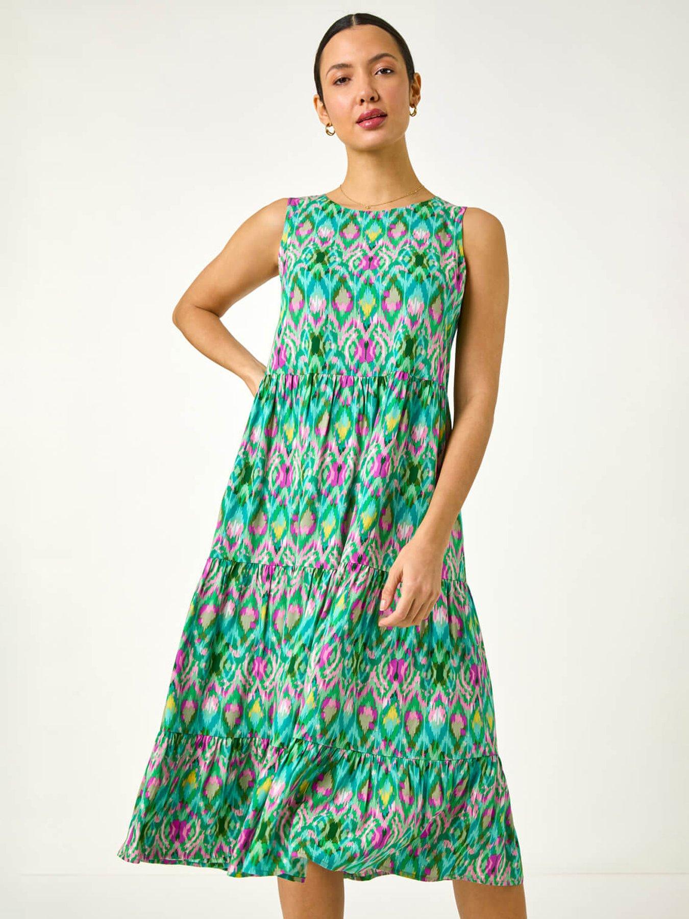  image of roman-abstract-print-smock-midi-dress-green
