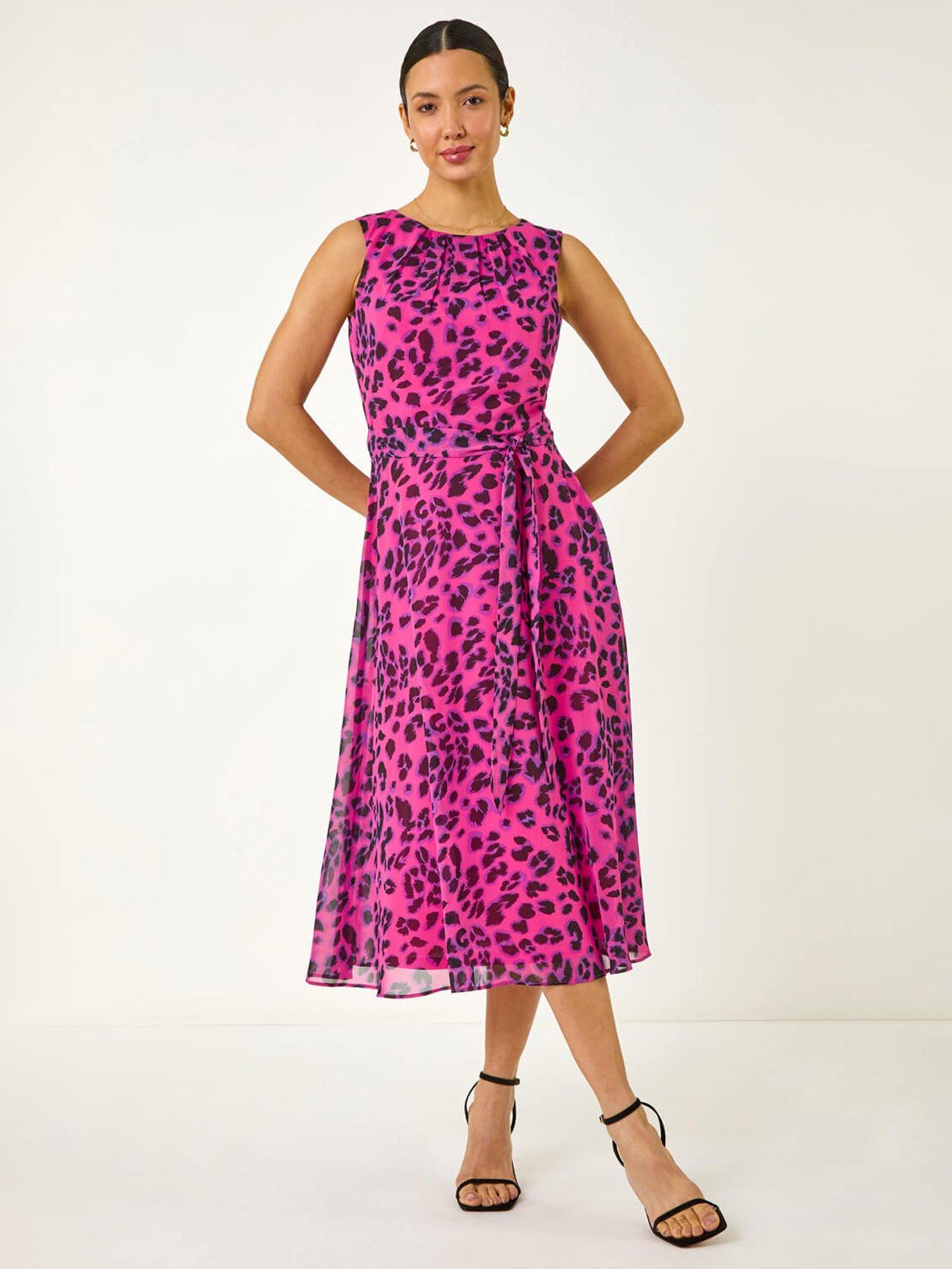undefined Animal Print Pleated Chiffon Dress - Pink