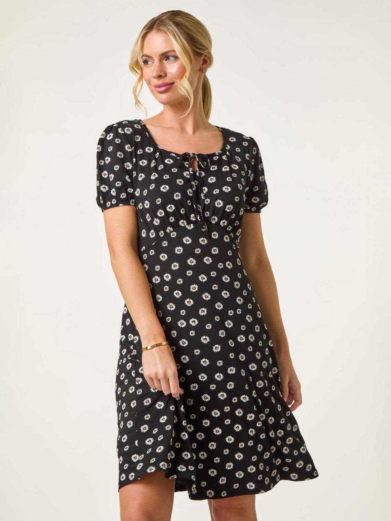 undefined Petite Ditsy Floral Tie Detail Dress - Black