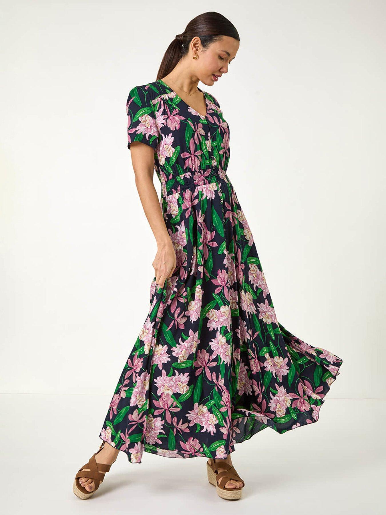 undefined Floral Shirred Maxi Dress - Pink