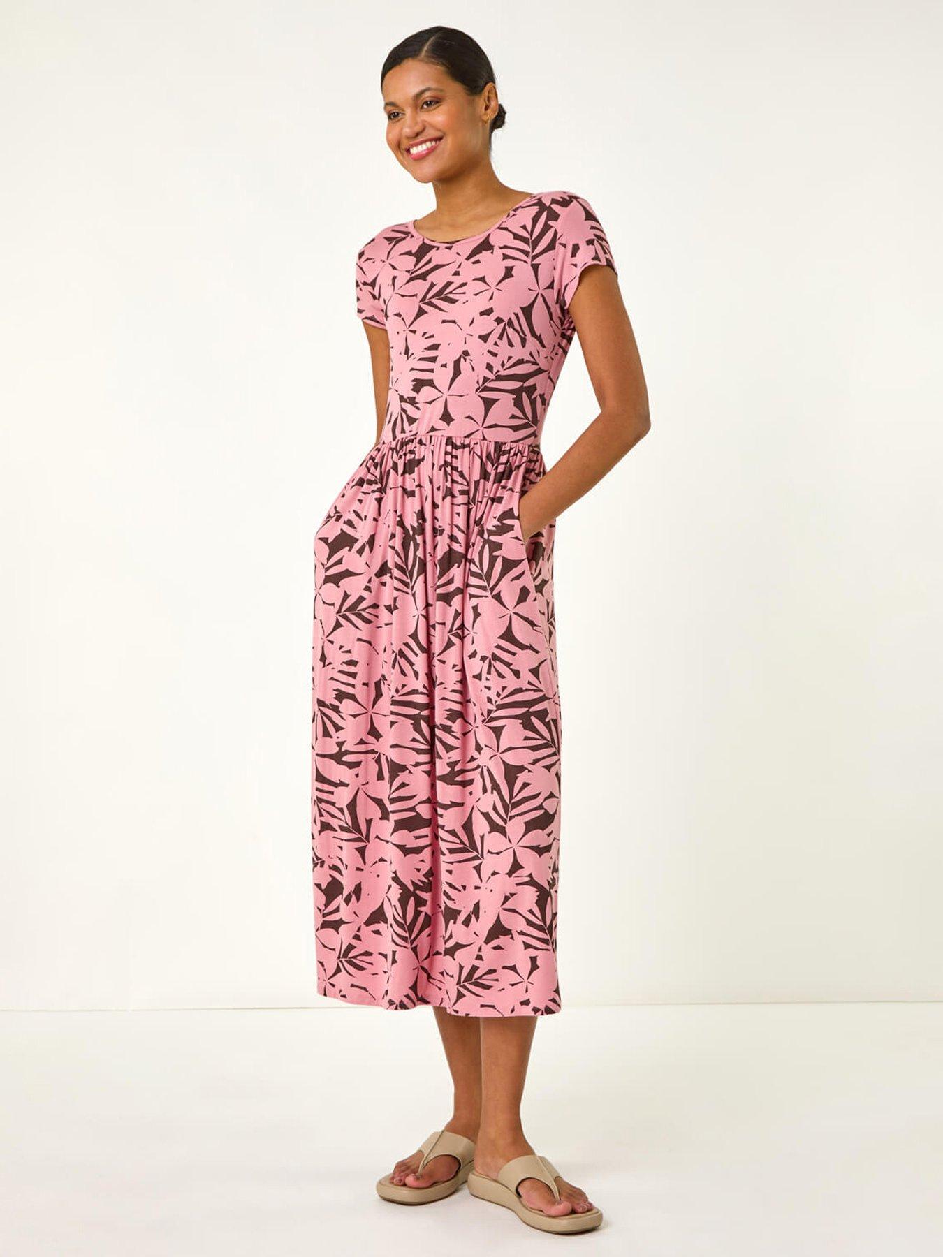 undefined Floral Print Stretch Midi Dress - Pink