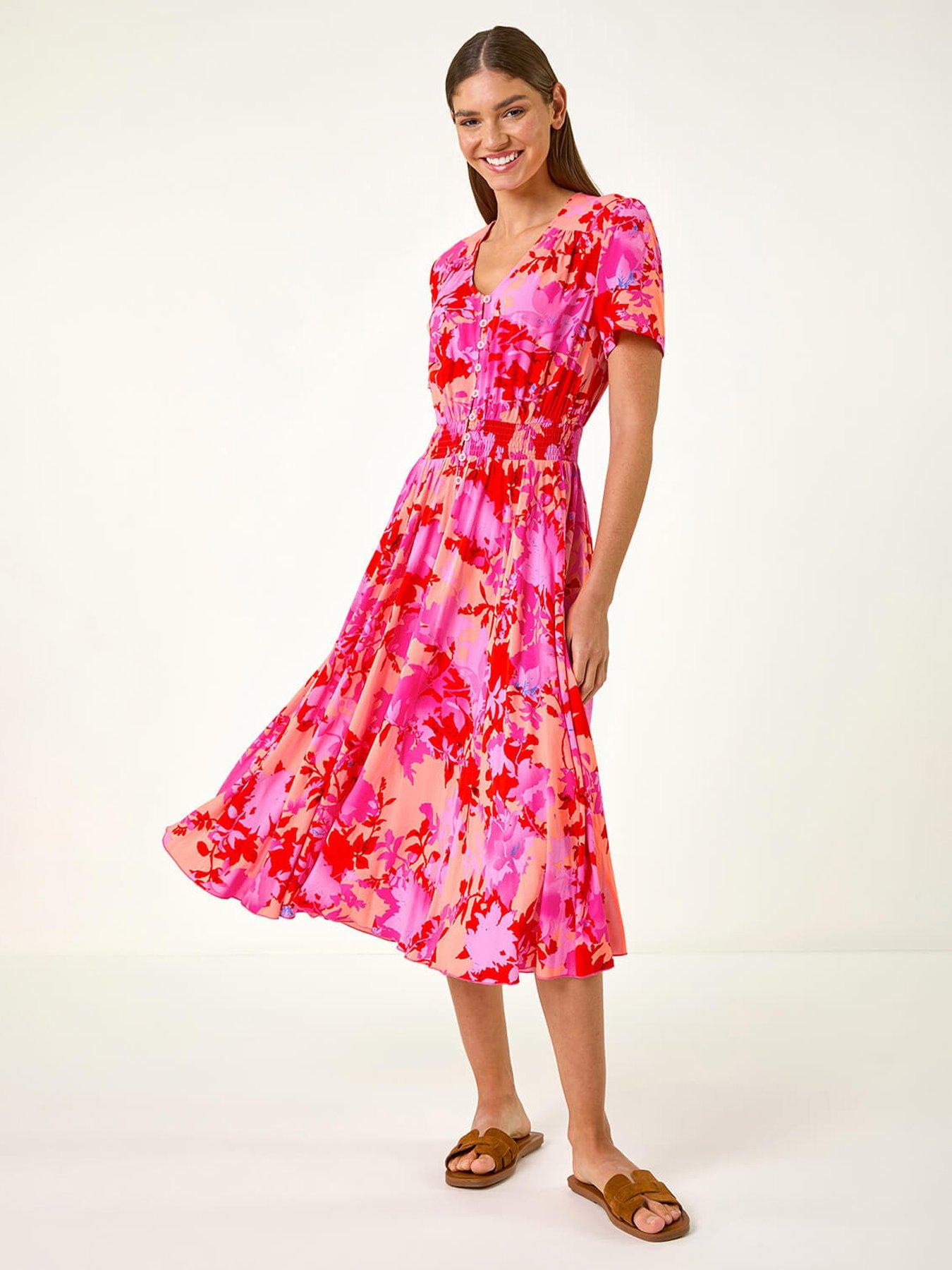 undefined Shadow Floral Print Shirred Midi Dress - Pink