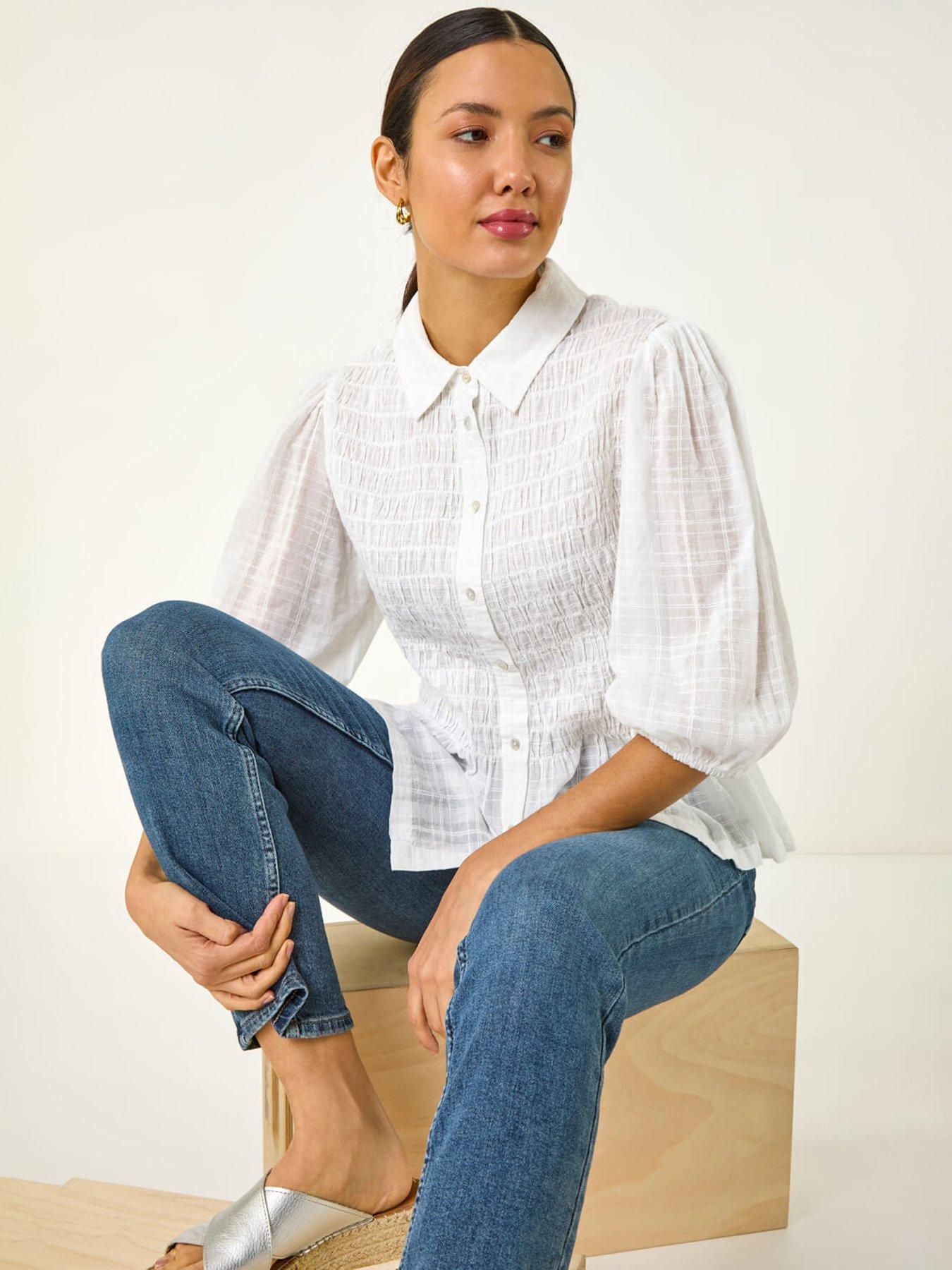 undefined Collar Shirred Button Blouse - Ivory