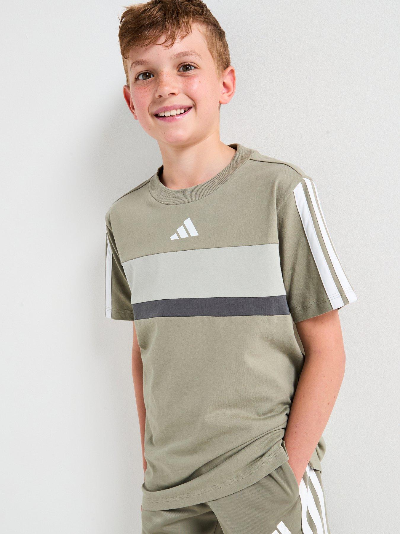  image of adidas-sportswear-junior-unisex-seasonal-essentials-tiberio-3-stripe-t-shirt-grey