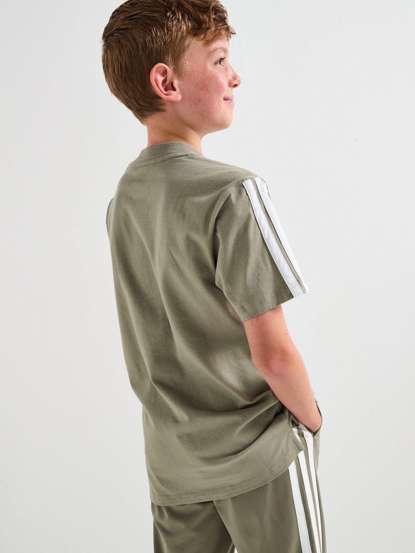  image of adidas-sportswear-junior-unisex-seasonal-essentials-tiberio-3-stripe-t-shirt-grey