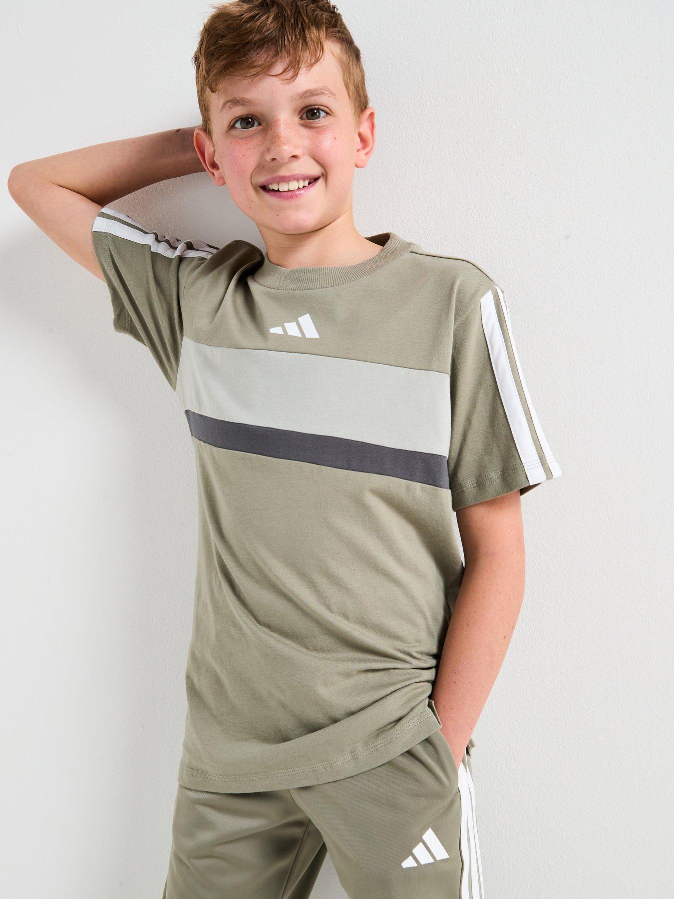  image of adidas-sportswear-junior-unisex-seasonal-essentials-tiberio-3-stripe-t-shirt-grey