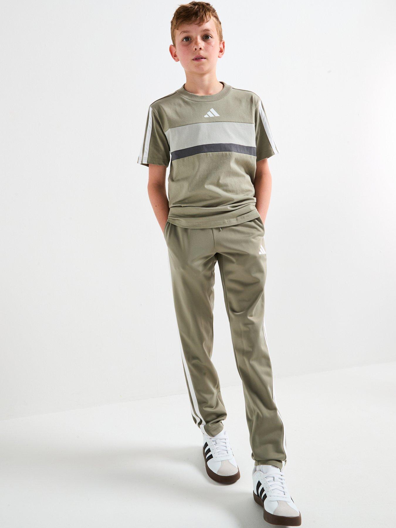  image of adidas-sportswear-junior-unisex-seasonal-essentials-tiberio-3-stripe-t-shirt-grey