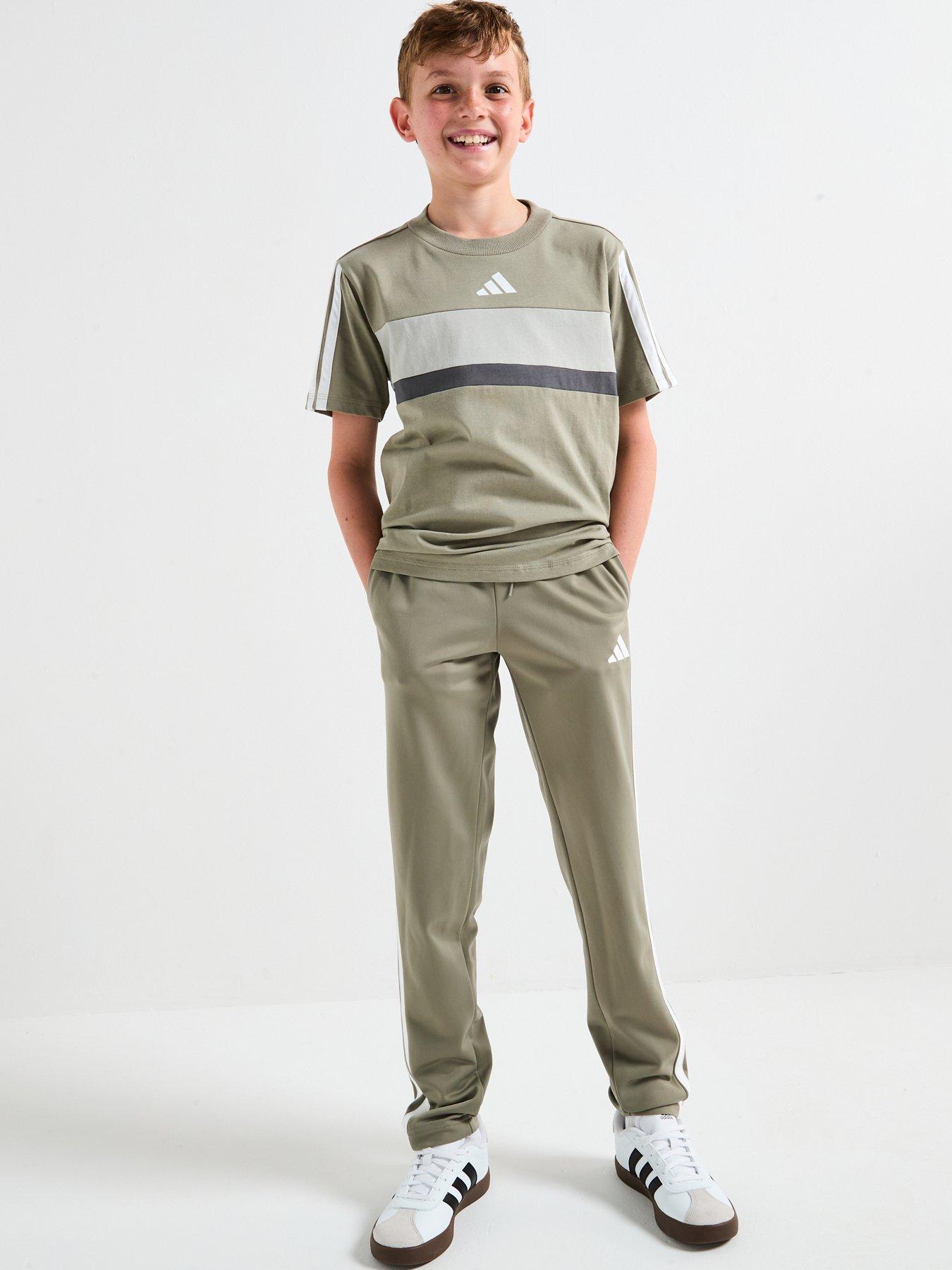  image of adidas-sportswear-junior-unisex-seasonal-essentials-tiberio-3-stripe-t-shirt-grey