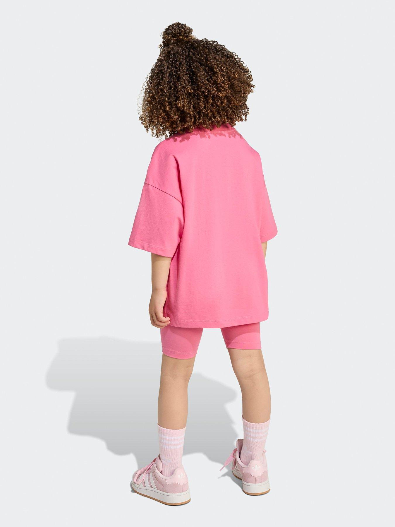 Image 2 of 5 of adidas Originals Kids Girls Trefoil Essentials Cycling Shorts And T-Shirt Set - Pink