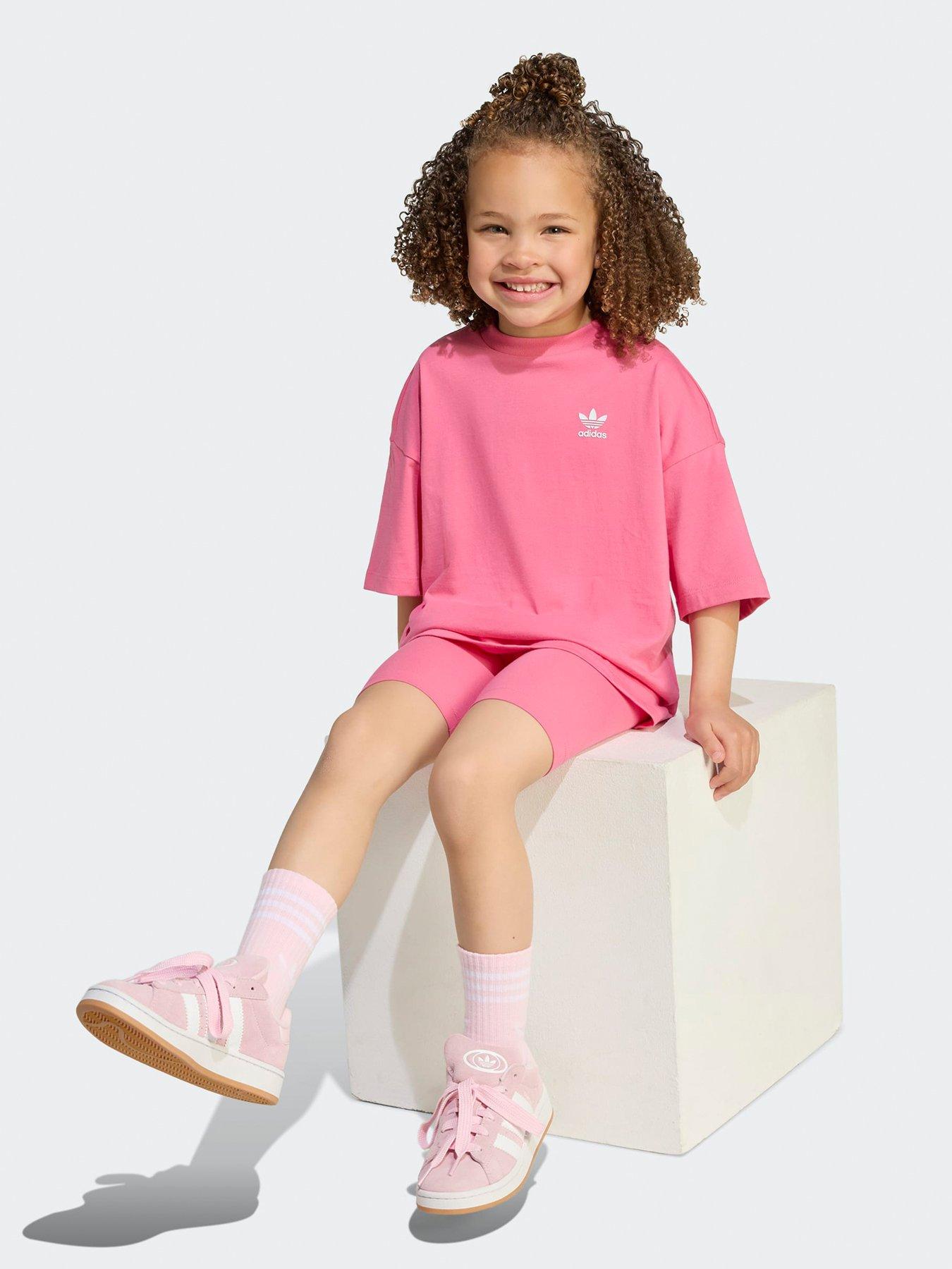 Image 3 of 5 of adidas Originals Kids Girls Trefoil Essentials Cycling Shorts And T-Shirt Set - Pink