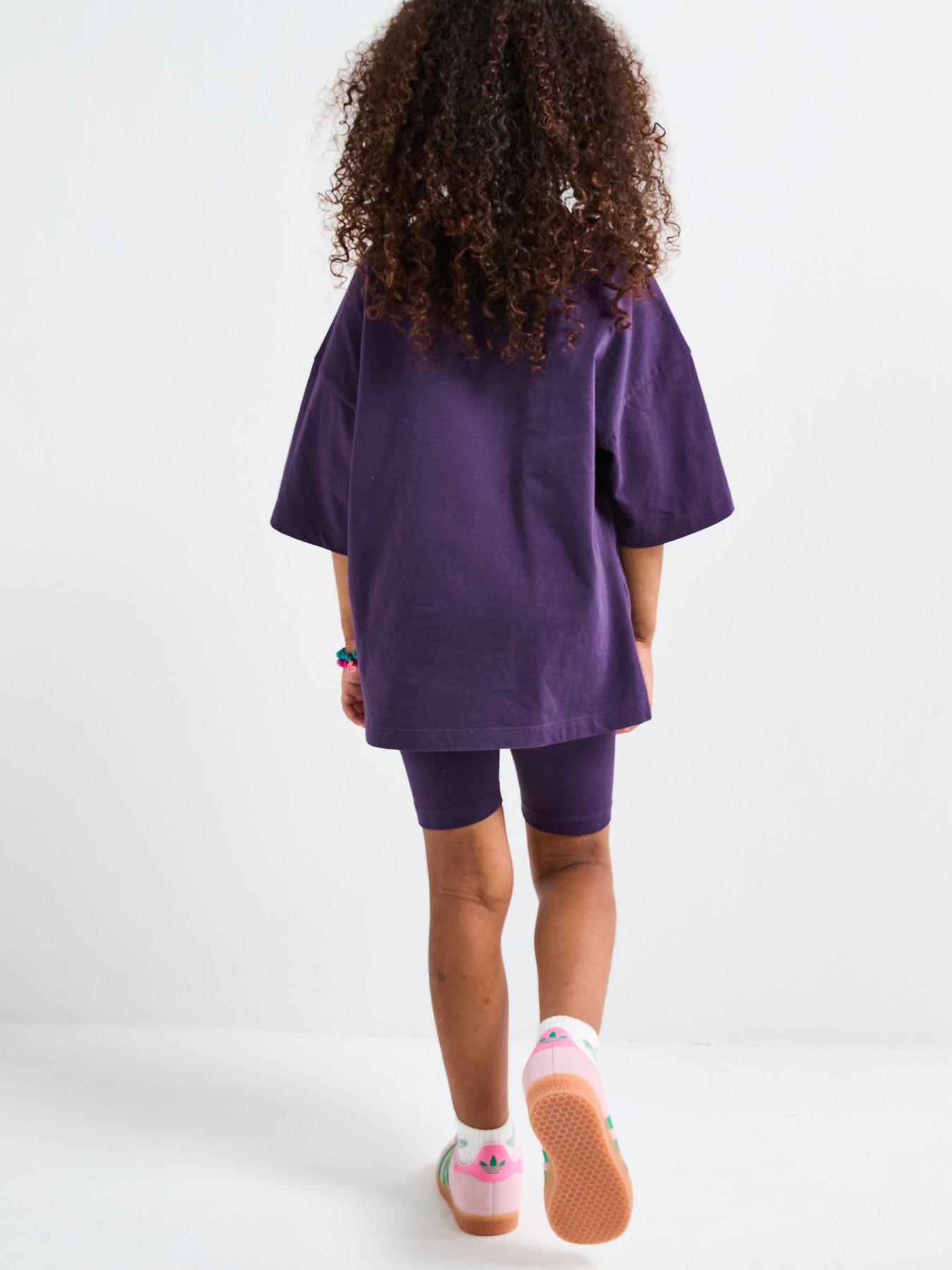 Image 2 of 6 of adidas Originals Kids Girls Trefoil Essentials Cycling Shorts And Tee Set - Purple