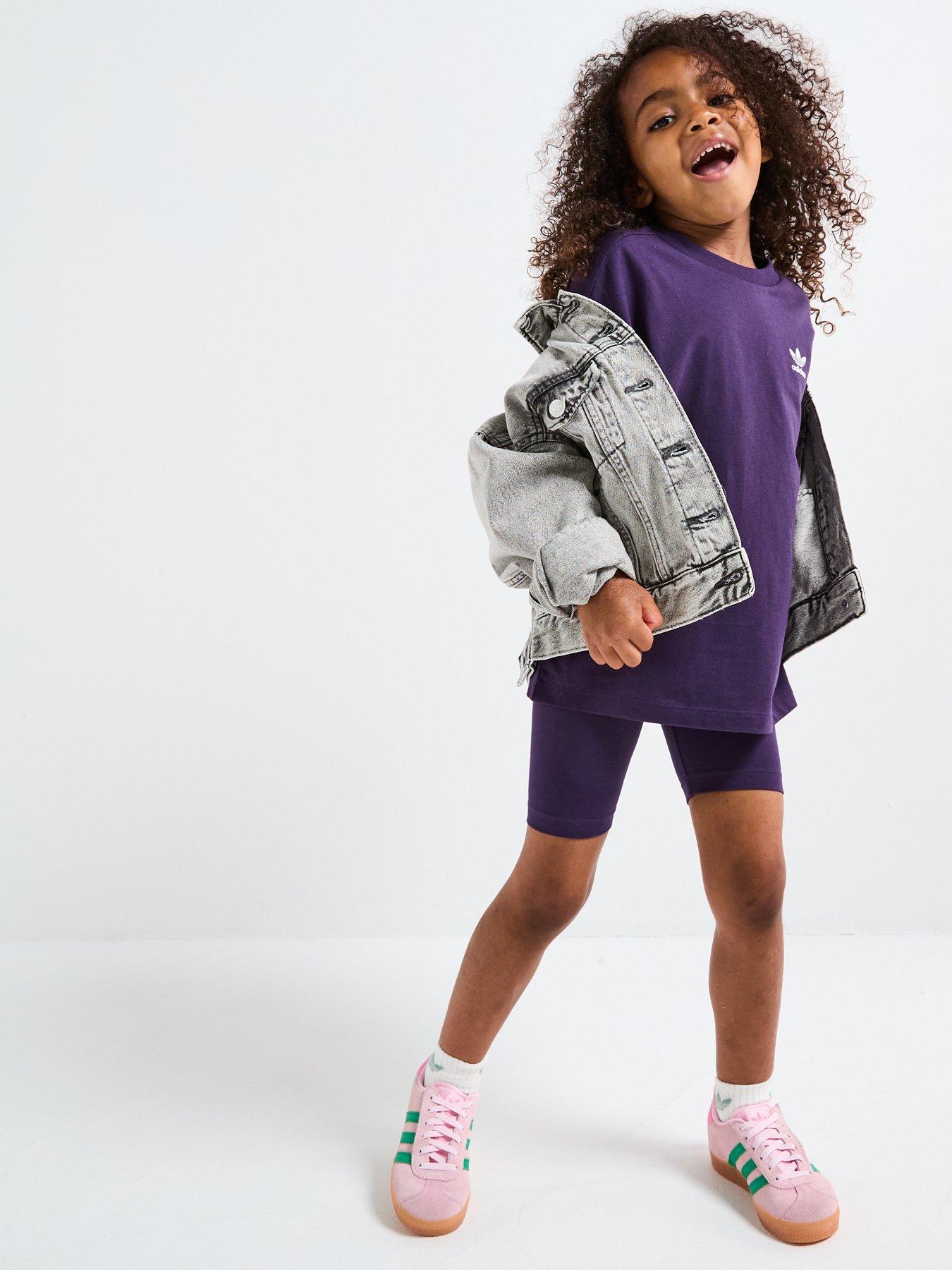 Image 3 of 6 of adidas Originals Kids Girls Trefoil Essentials Cycling Shorts And Tee Set - Purple