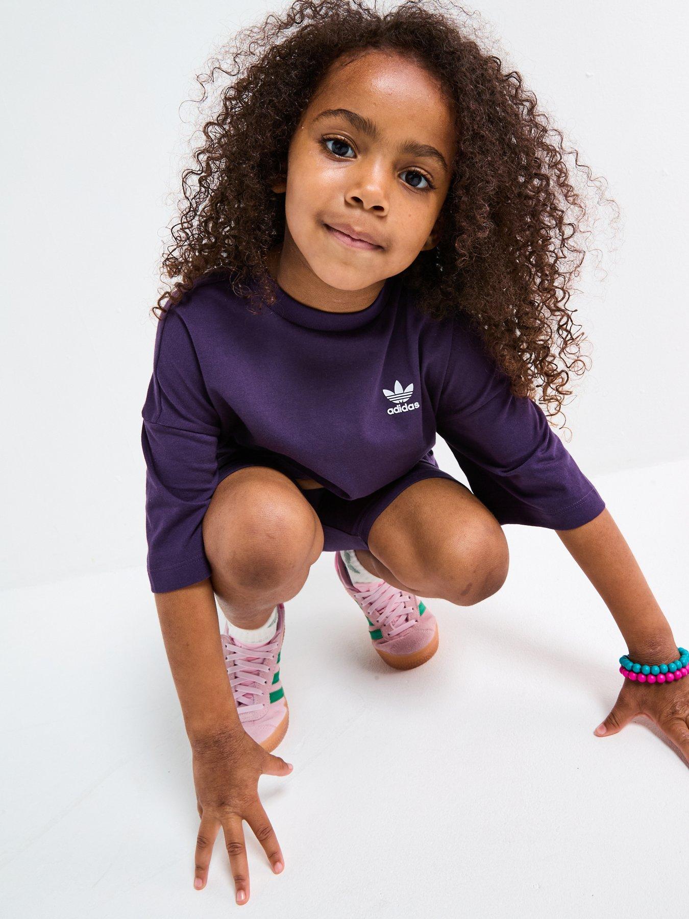 Image 5 of 6 of adidas Originals Kids Girls Trefoil Essentials Cycling Shorts And Tee Set - Purple