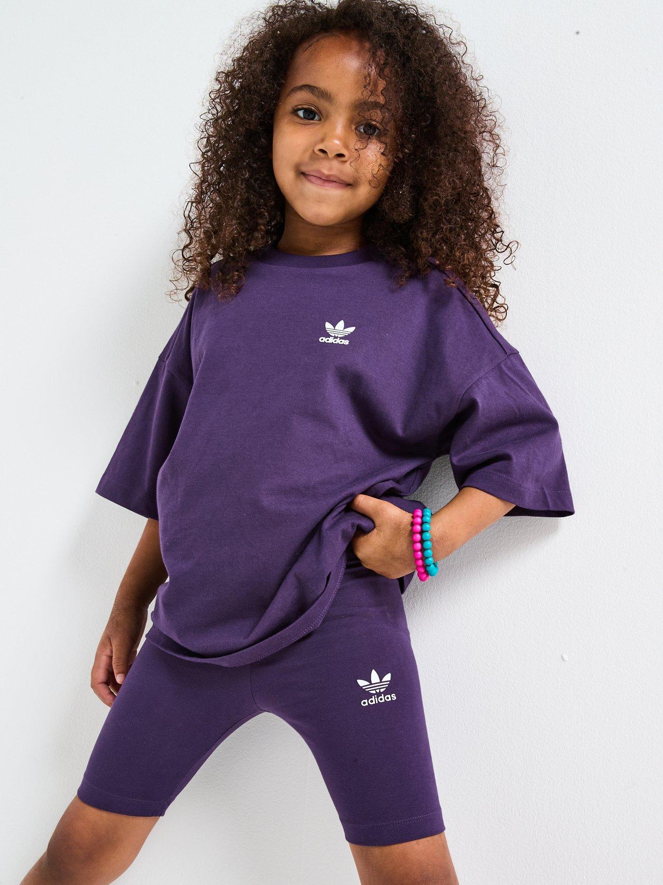 Image 6 of 6 of adidas Originals Kids Girls Trefoil Essentials Cycling Shorts And Tee Set - Purple