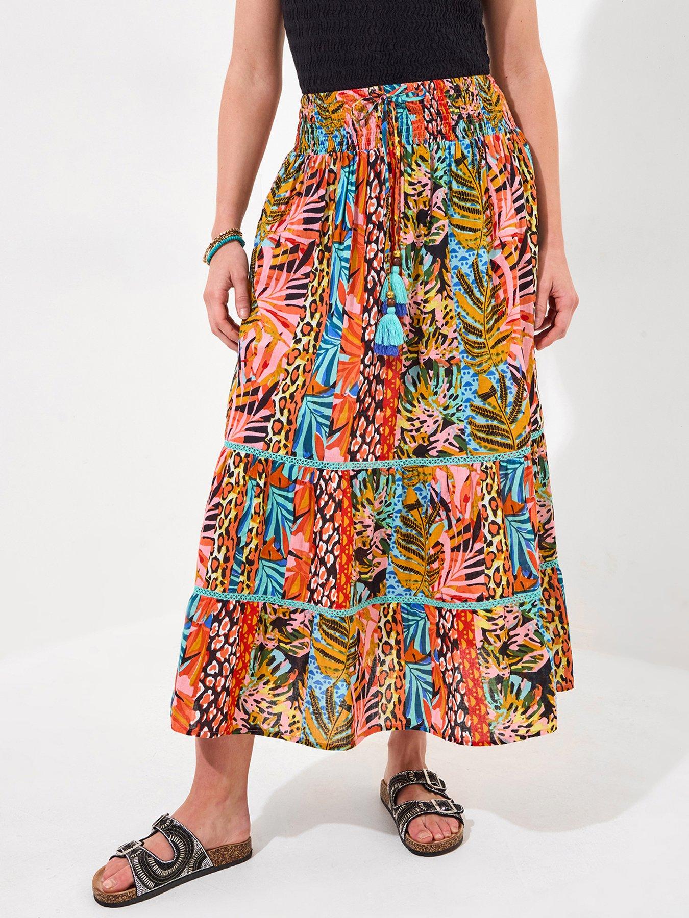 undefined Tropical Paradise Tiered Maxi Skirt - Orange