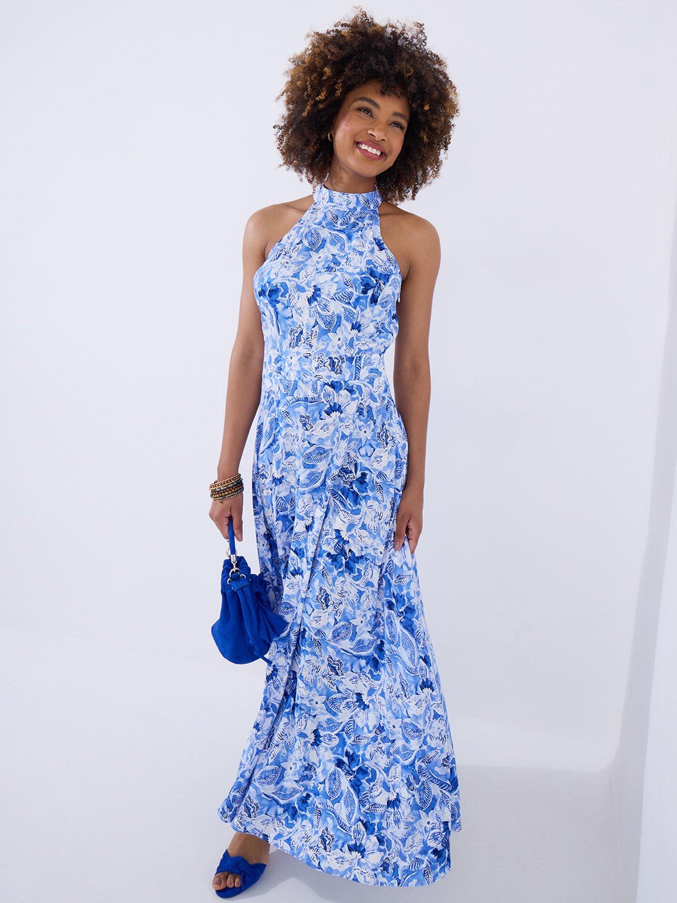 Joe Browns Petite Sasha Floral Print Halterneck Dress Blue