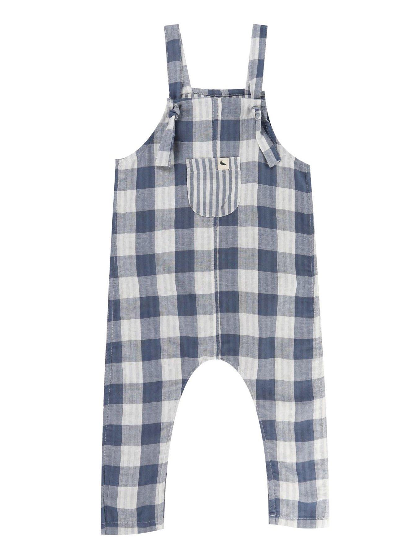 front image of turtledove-london-kids-marine-check-easy-fit-reversible-dungarees-blue