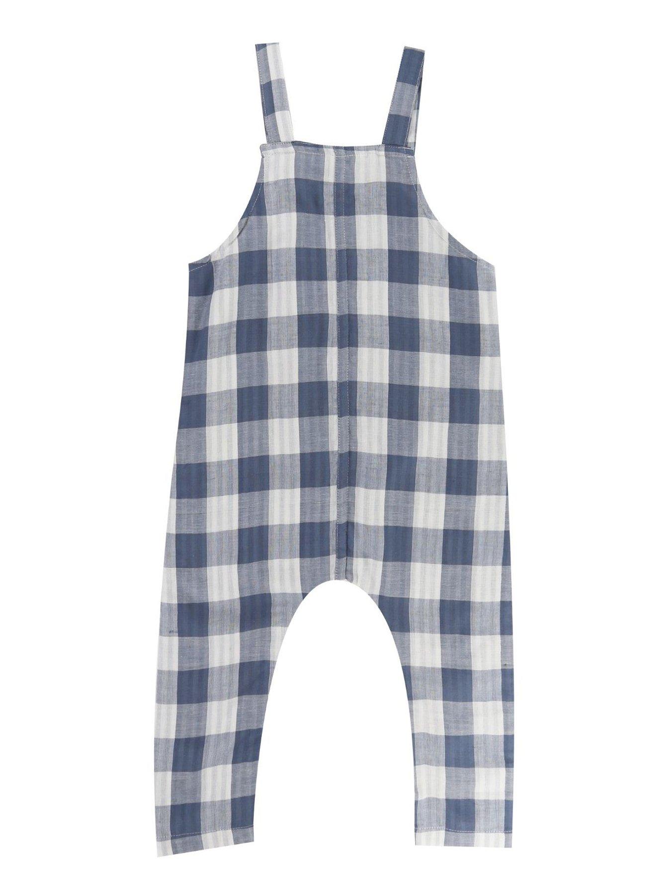 back image of turtledove-london-kids-marine-check-easy-fit-reversible-dungarees-blue