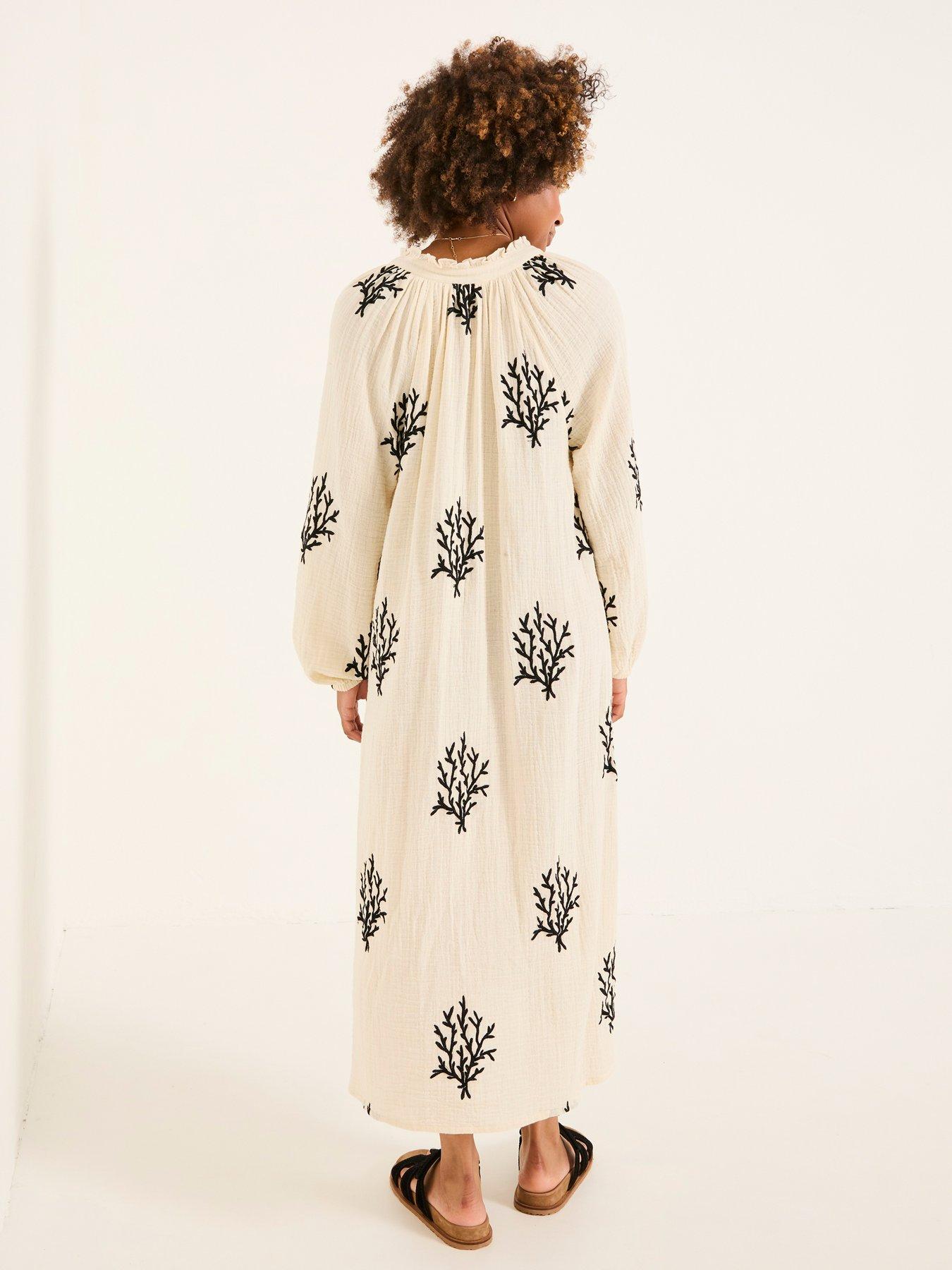 Image 2 of 6 of FatFace Coral Embroidered Kaftan Dress - White