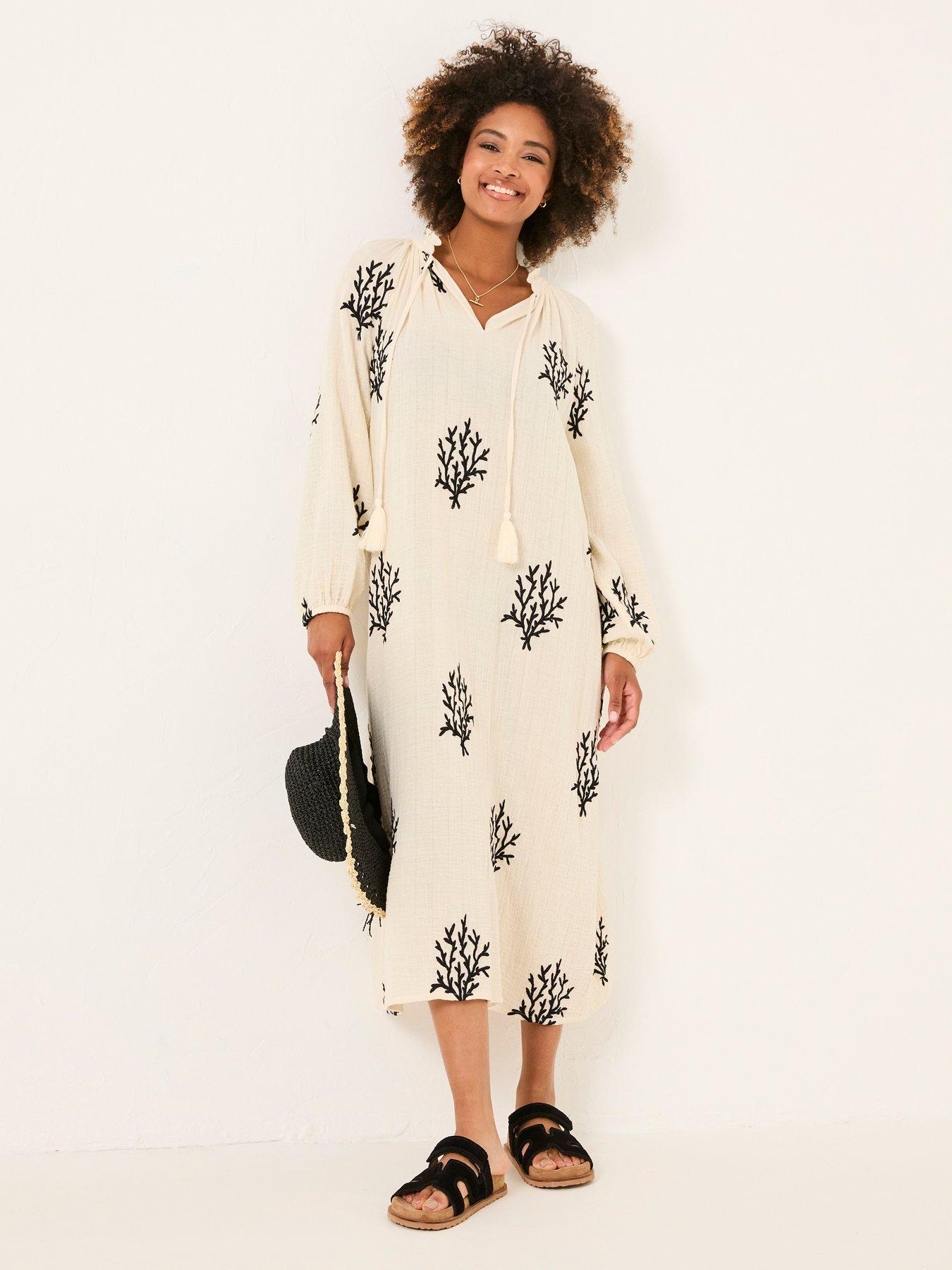 Image 3 of 6 of FatFace Coral Embroidered Kaftan Dress - White