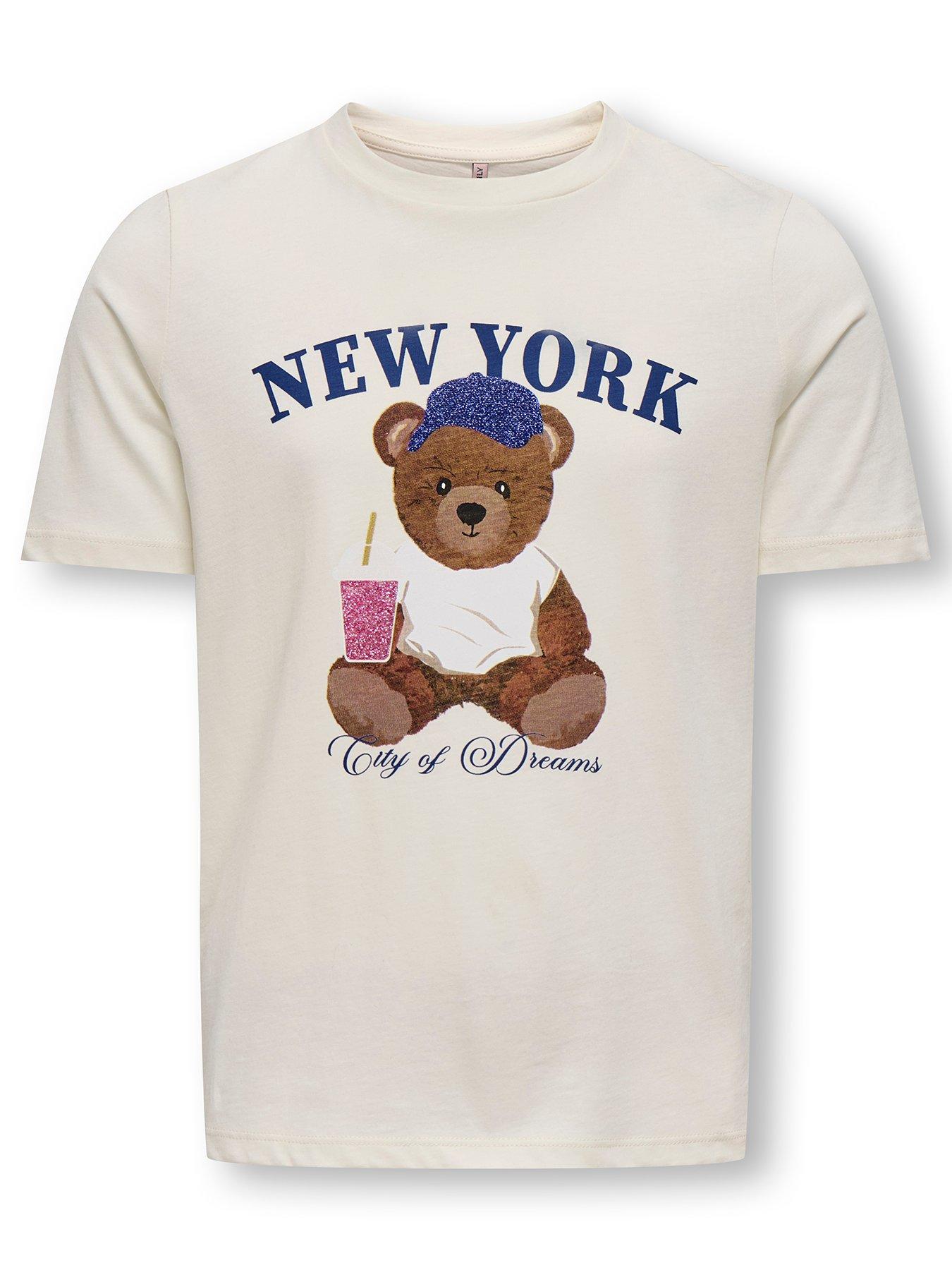 Image 1 of 3 of Only Kids Girls Teddy Bear New York Short Sleeve T-shirt - White