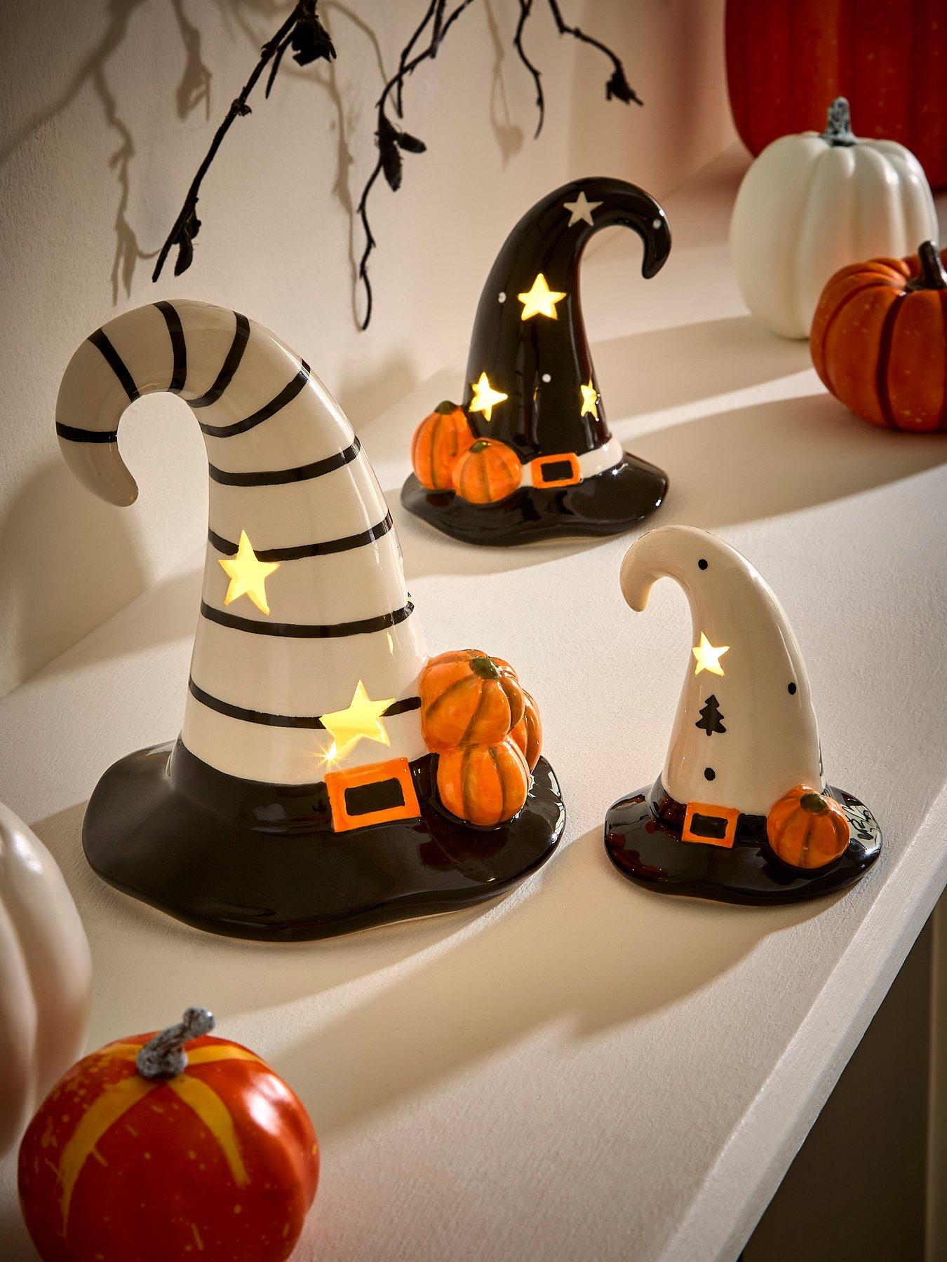 Image 1 of 6 of Festive Set of 3 Ceramic&nbsp;Hat&nbsp;Light Halloween Decorations