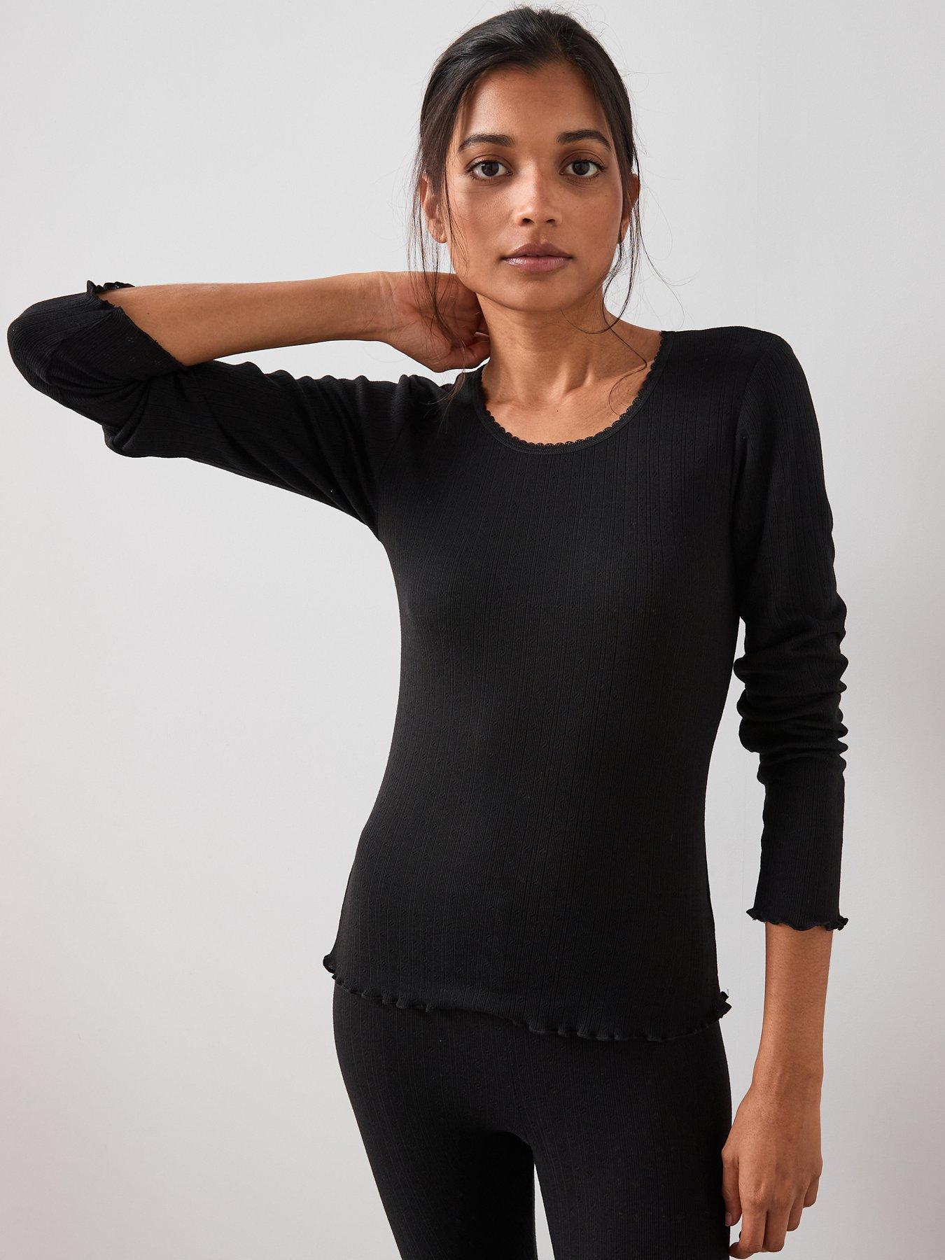 front image of the-very-collection-pointelle-thermal-long-sleeve-top-black
