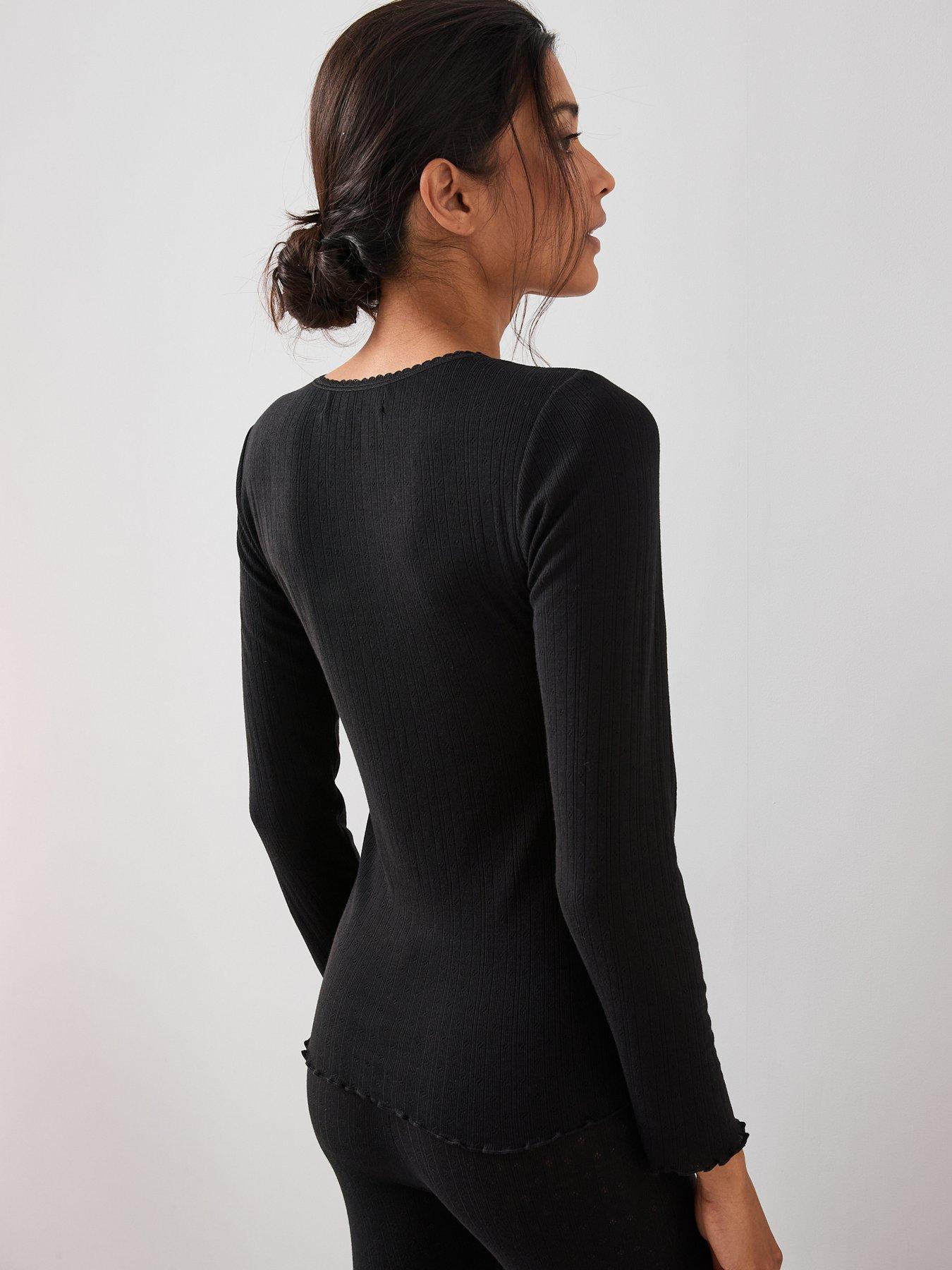  image of the-very-collection-pointelle-thermal-long-sleeve-top-black