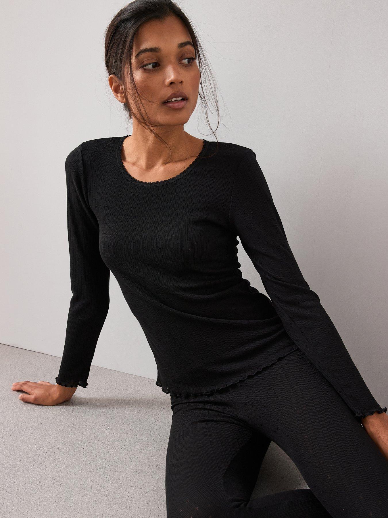  image of the-very-collection-pointelle-thermal-long-sleeve-top-black