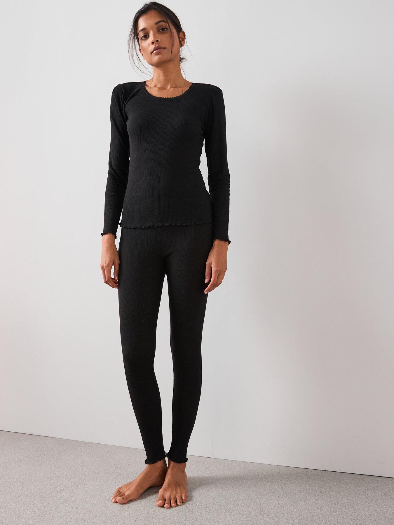  image of the-very-collection-pointelle-thermal-long-sleeve-top-black