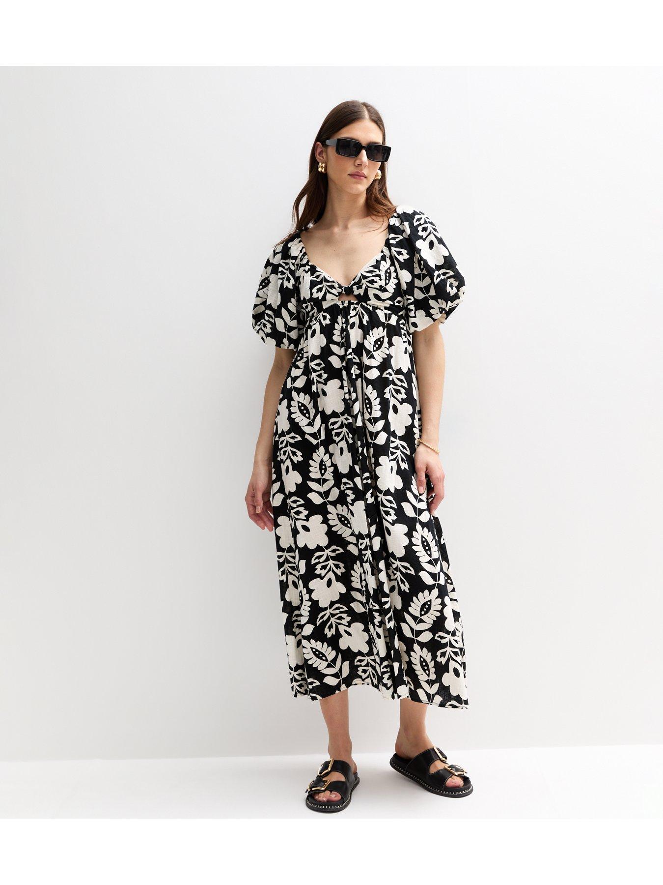 New Look Folk Floral Print Puff Sleeve Midi Dress - Black | Littlewoods