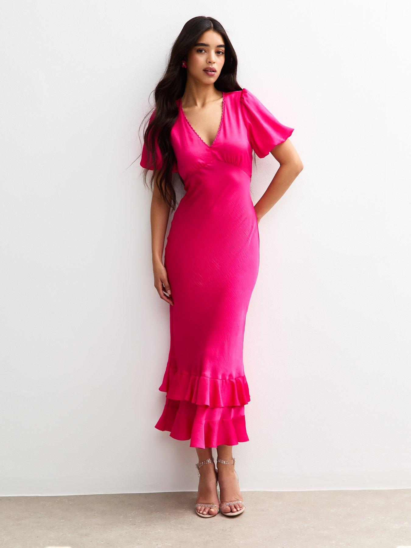 New Look Satin Puff Sleeve Ruffled Midi Dress - Pink