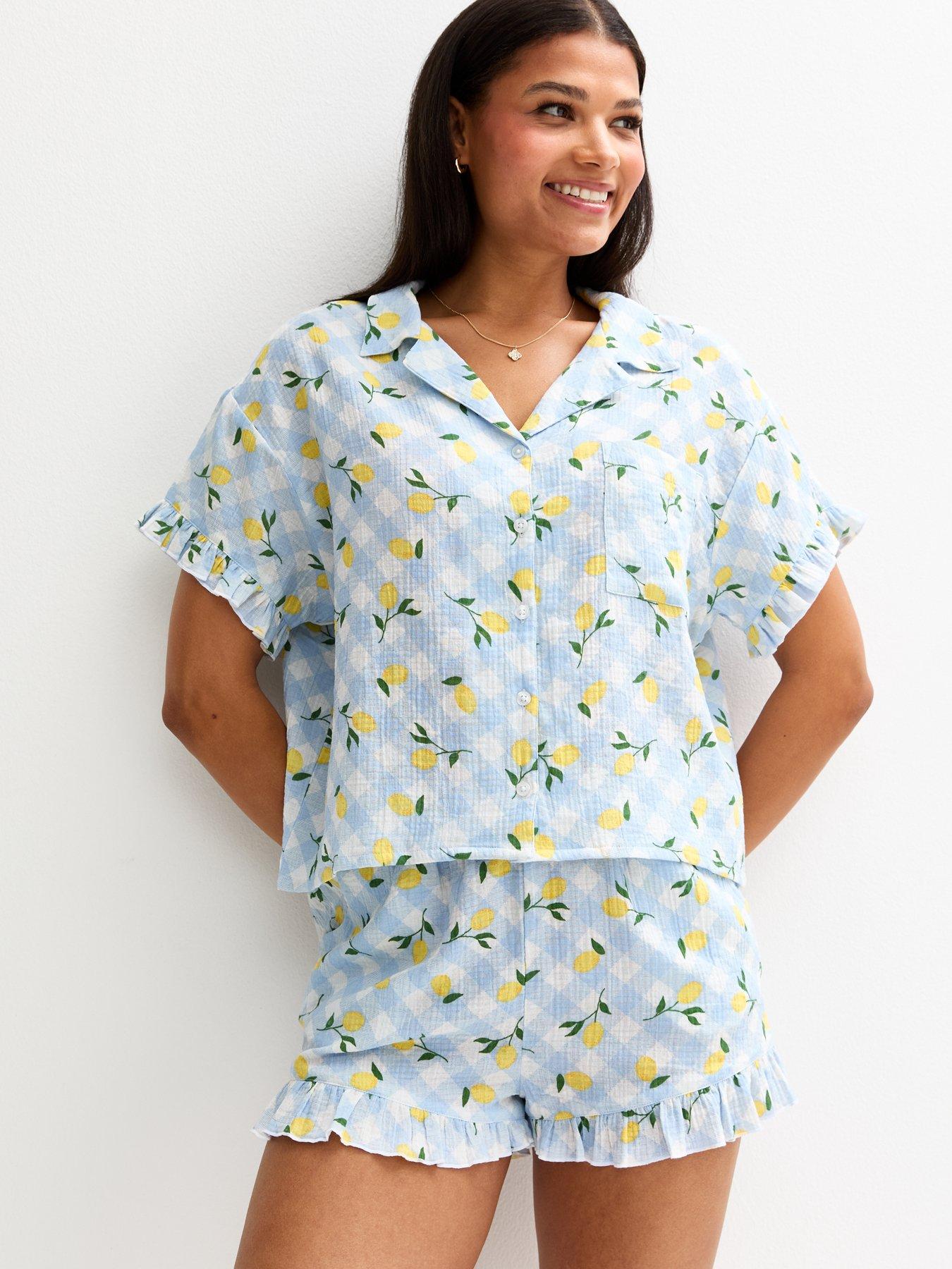 undefined Blue Lemon Gingham Print Textured Revere Collar Pyjama Set