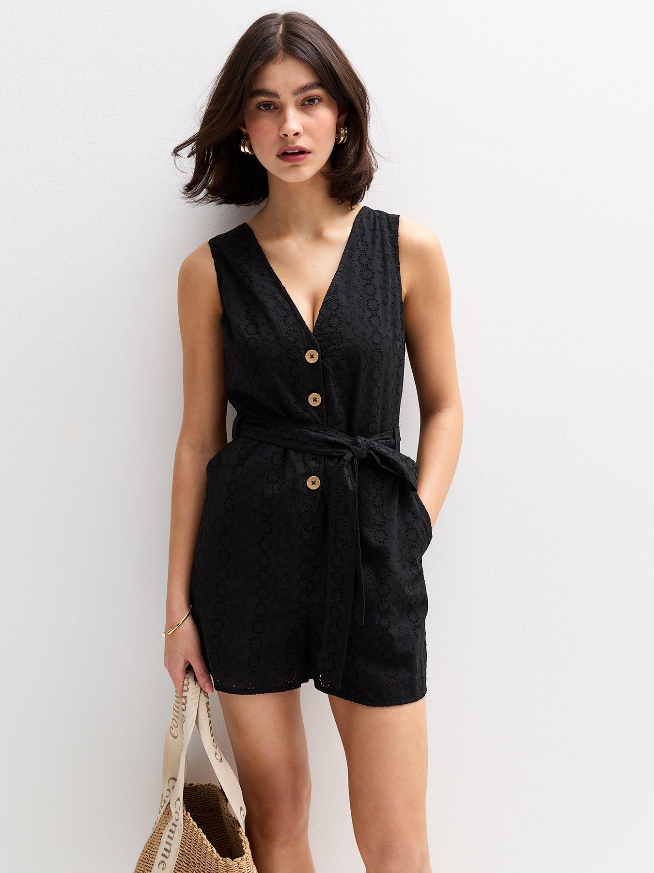 New Look Broderie Anglaise Belted Playsuit - Black