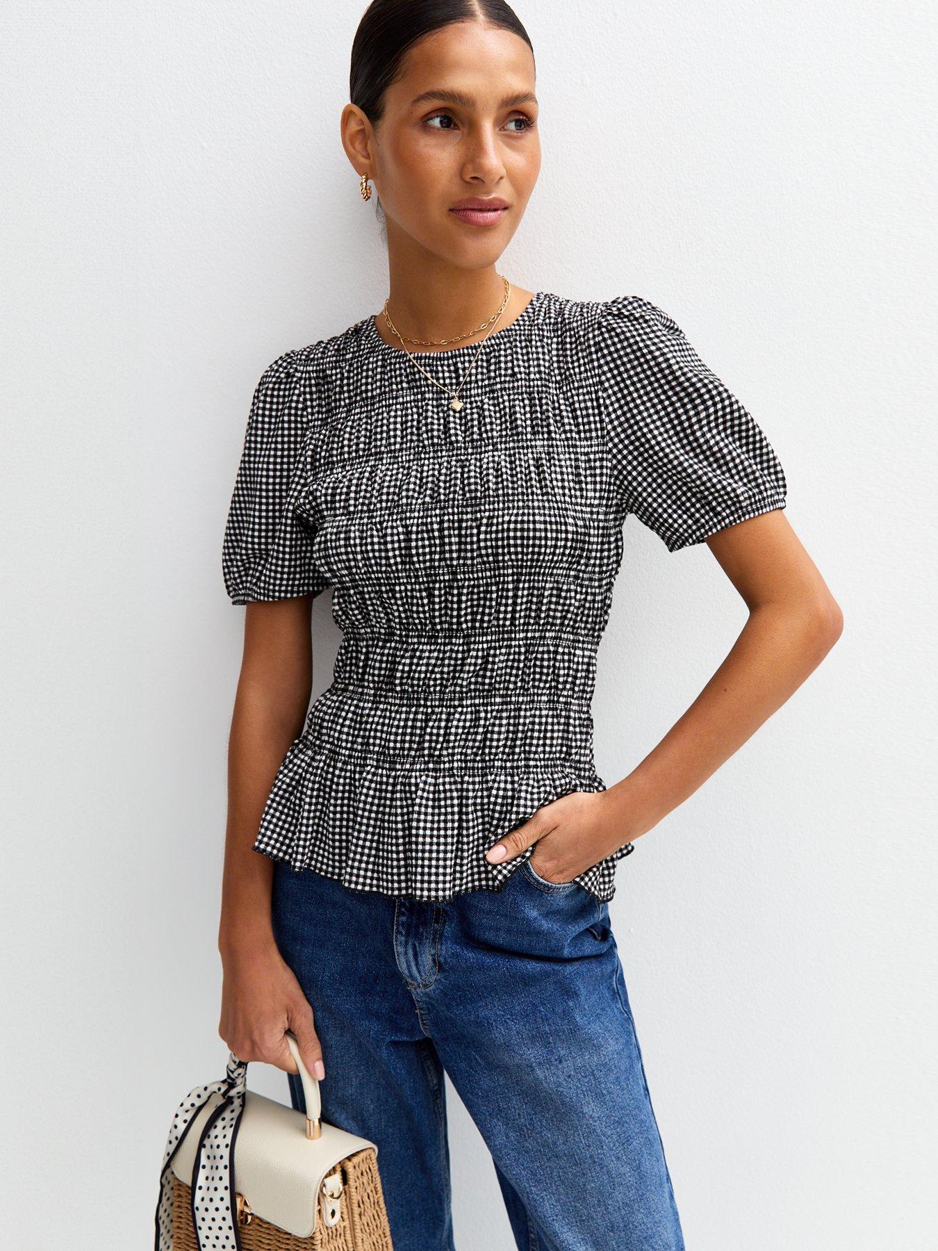 New Look Gingham Checked Shirred Tiered Peplum Top - Black