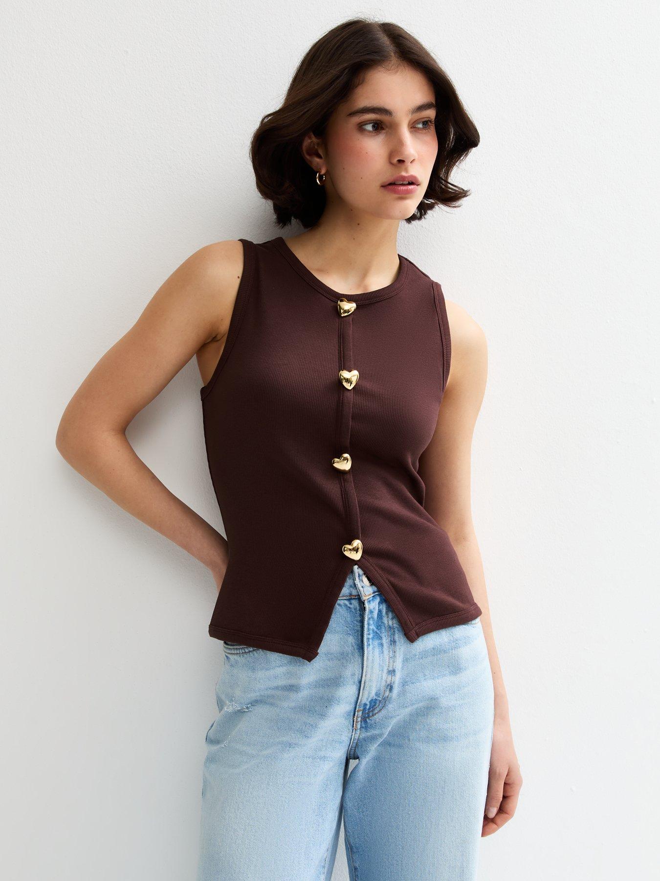  image of new-look-heart-button-ribbed-vest-brown