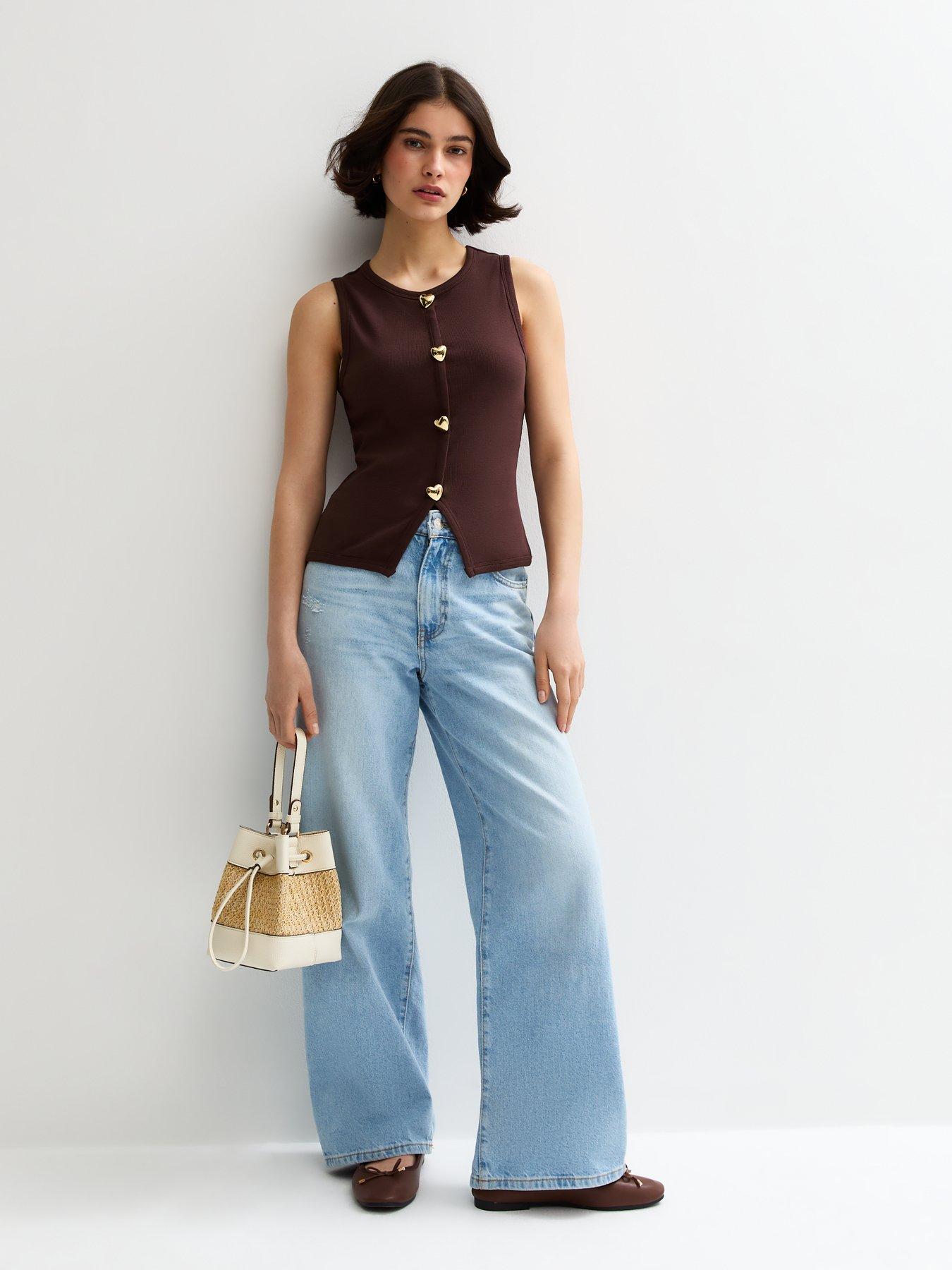  image of new-look-heart-button-ribbed-vest-brown