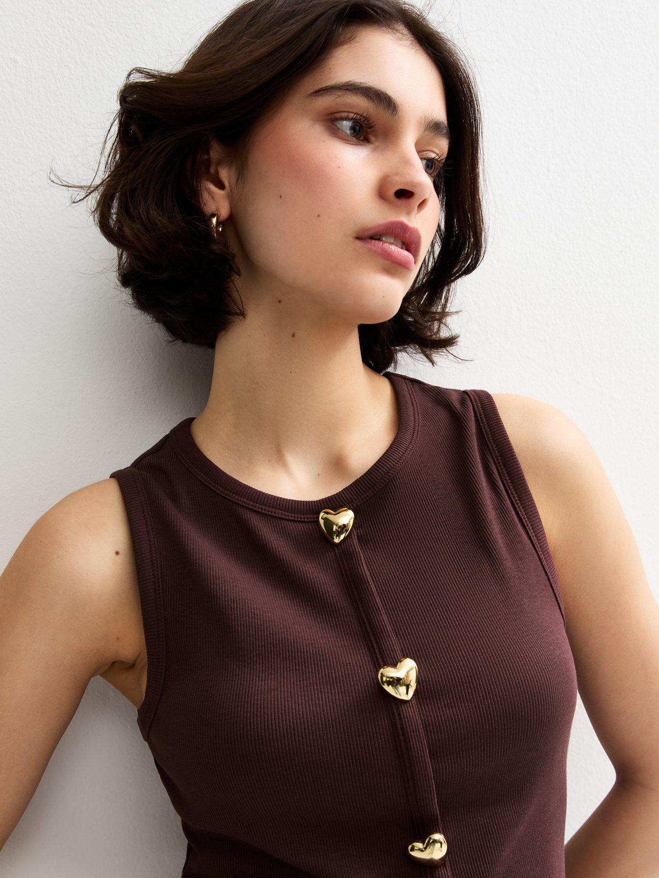  image of new-look-heart-button-ribbed-vest-brown