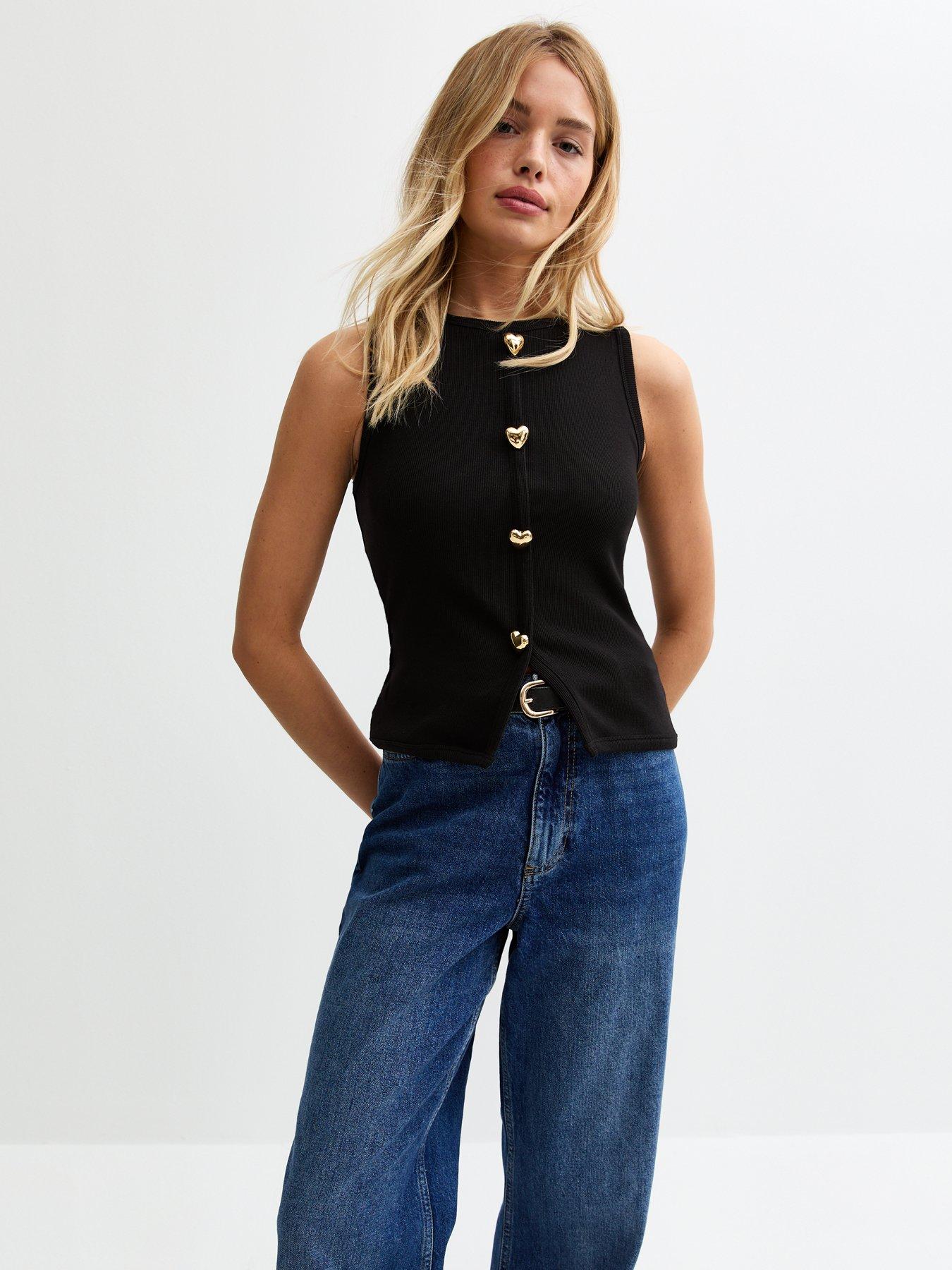  image of new-look-heart-button-ribbed-vest-black