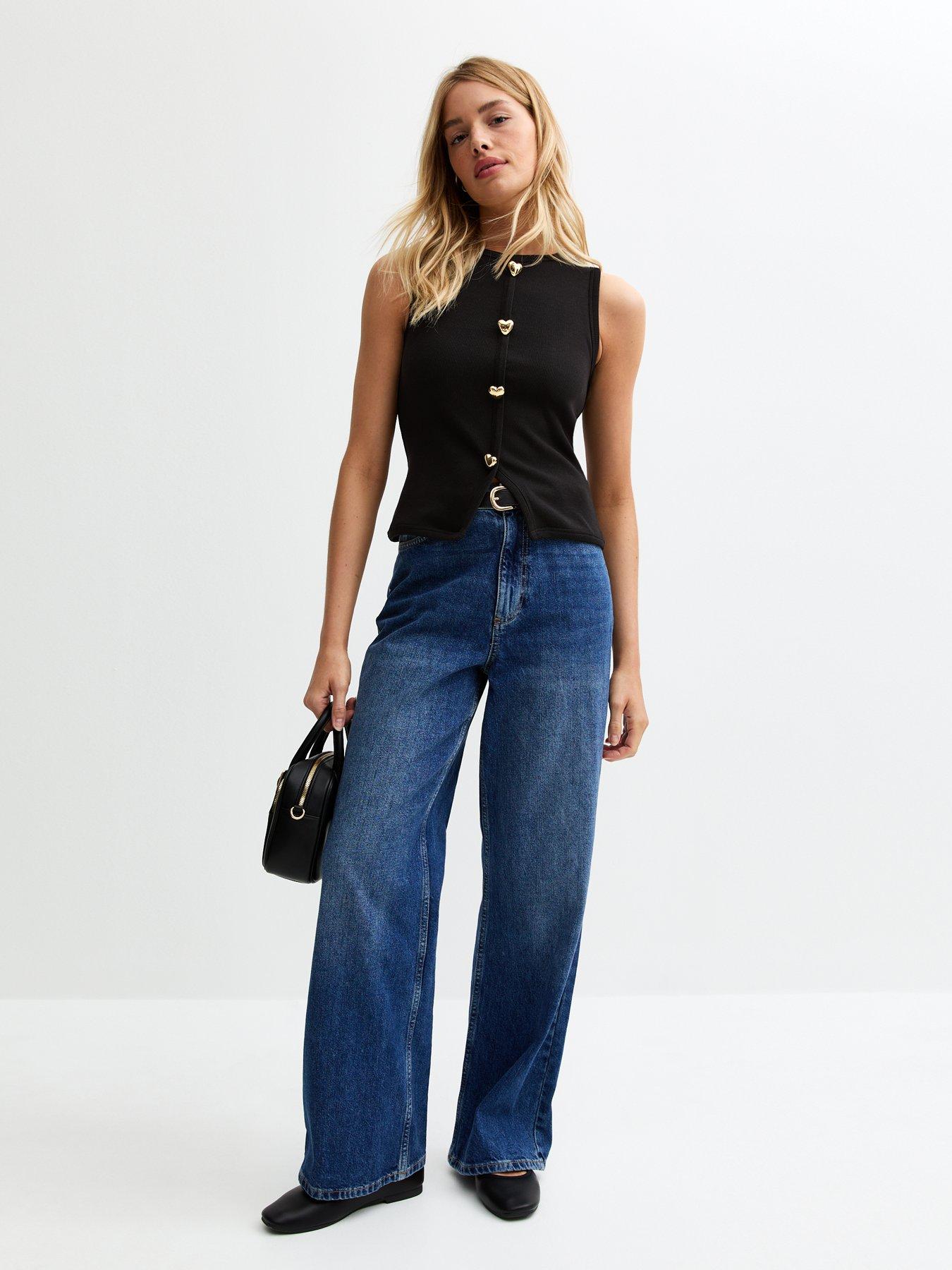  image of new-look-heart-button-ribbed-vest-black