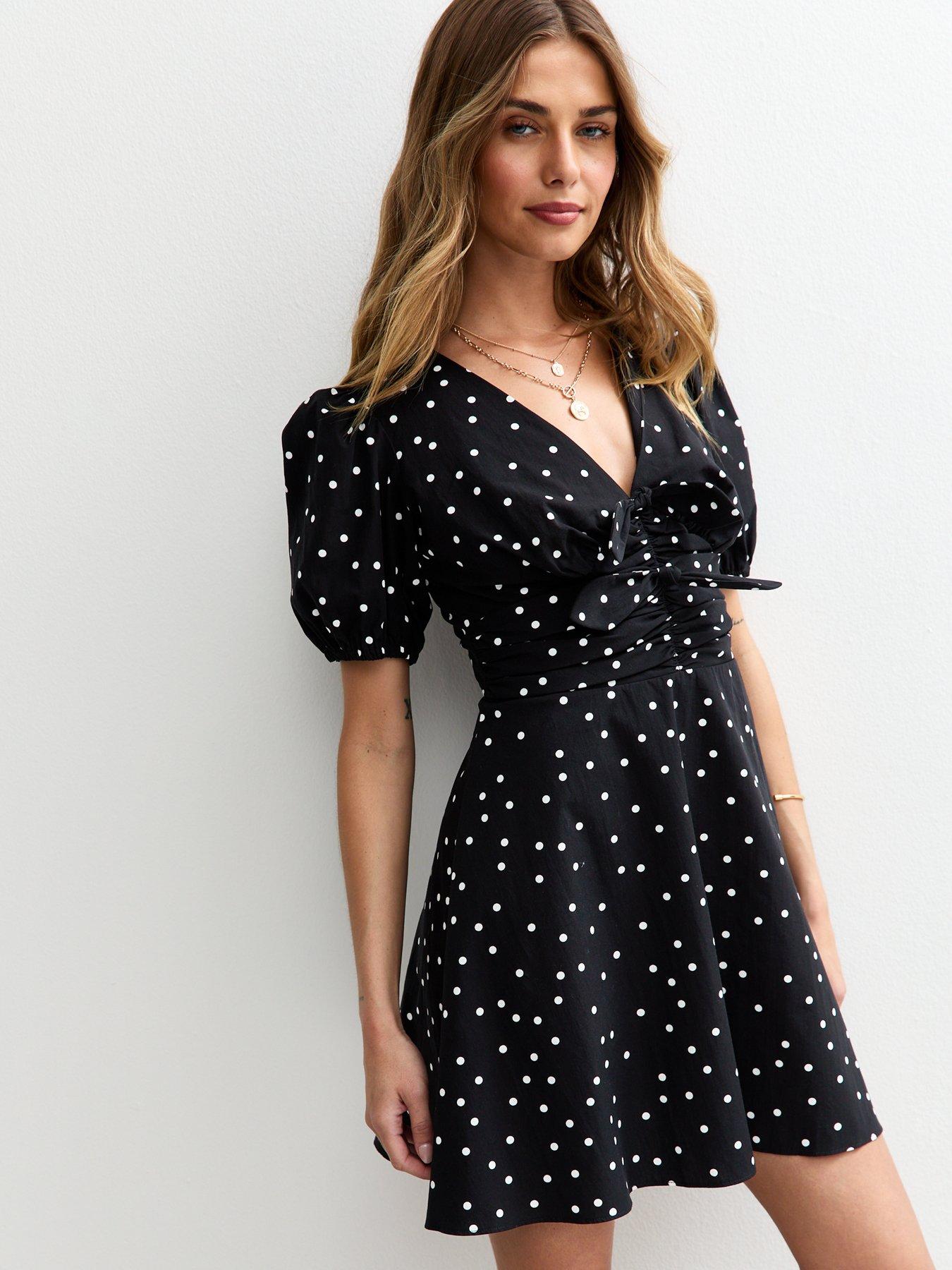new-look-spot-print-bow-front-mini-dress-black