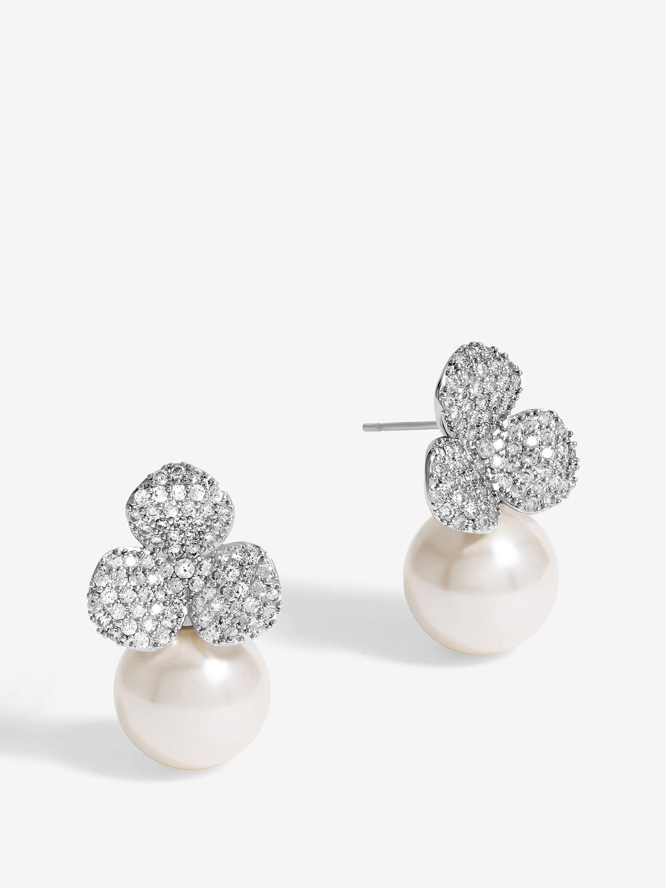 undefined Rhodium Plated Flower And Pearl Earrings