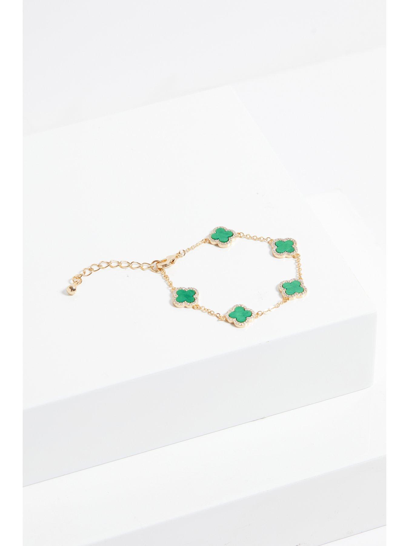  image of jon-richard-gold-plated-cubic-zirconia-malachite-clover-bracelet