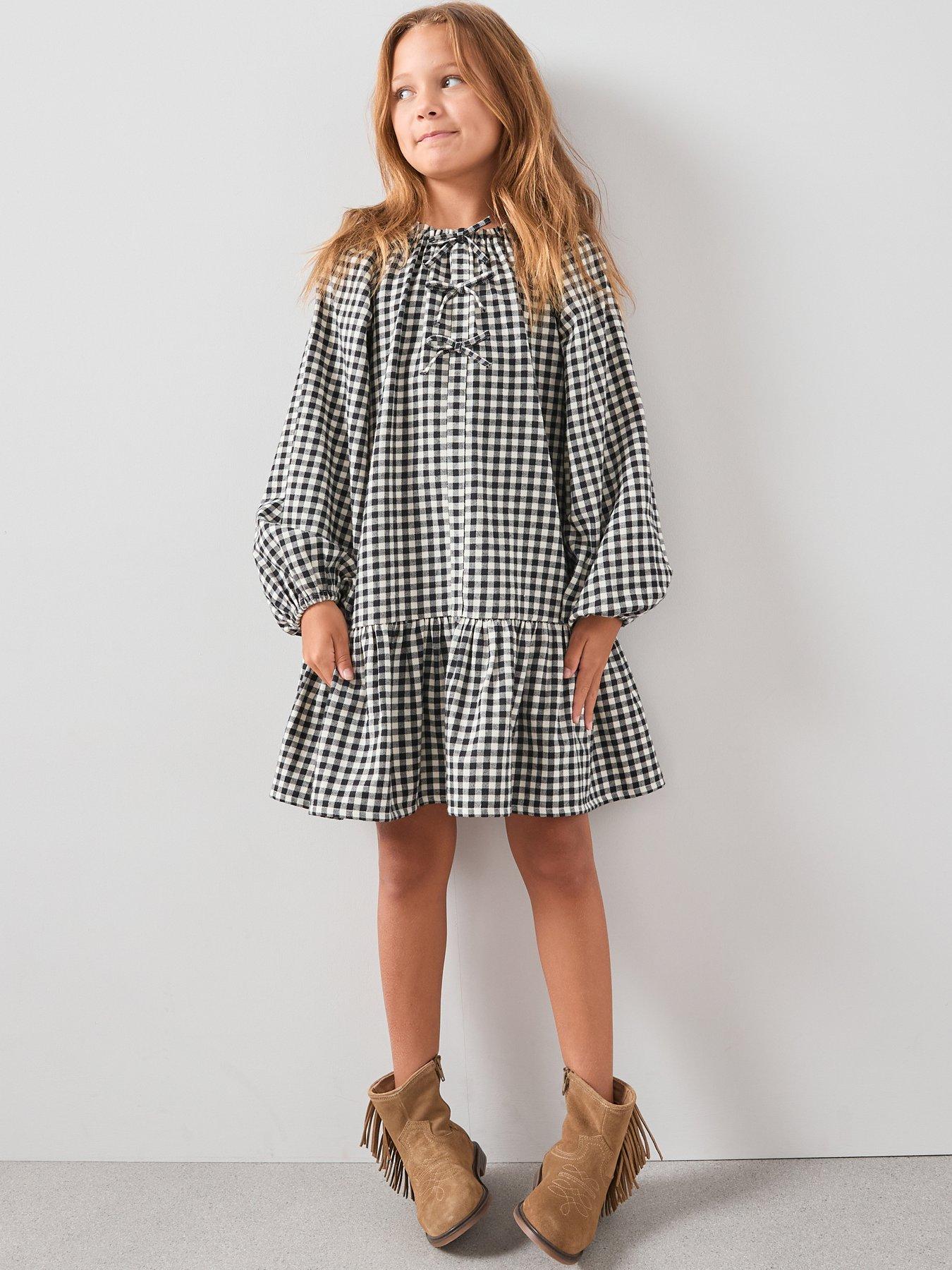 undefined Girls Bow Check Dress - Black