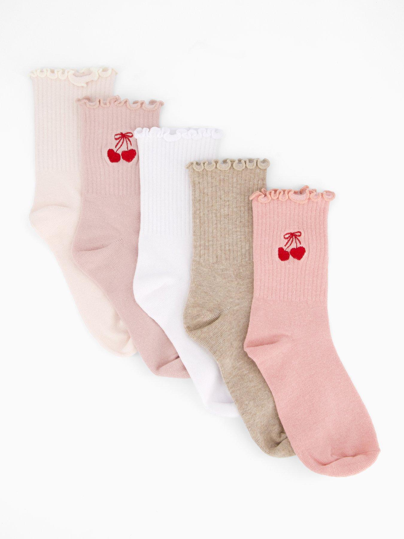 undefined 5 Pack Embroidered Cherry Frill Socks - Pink