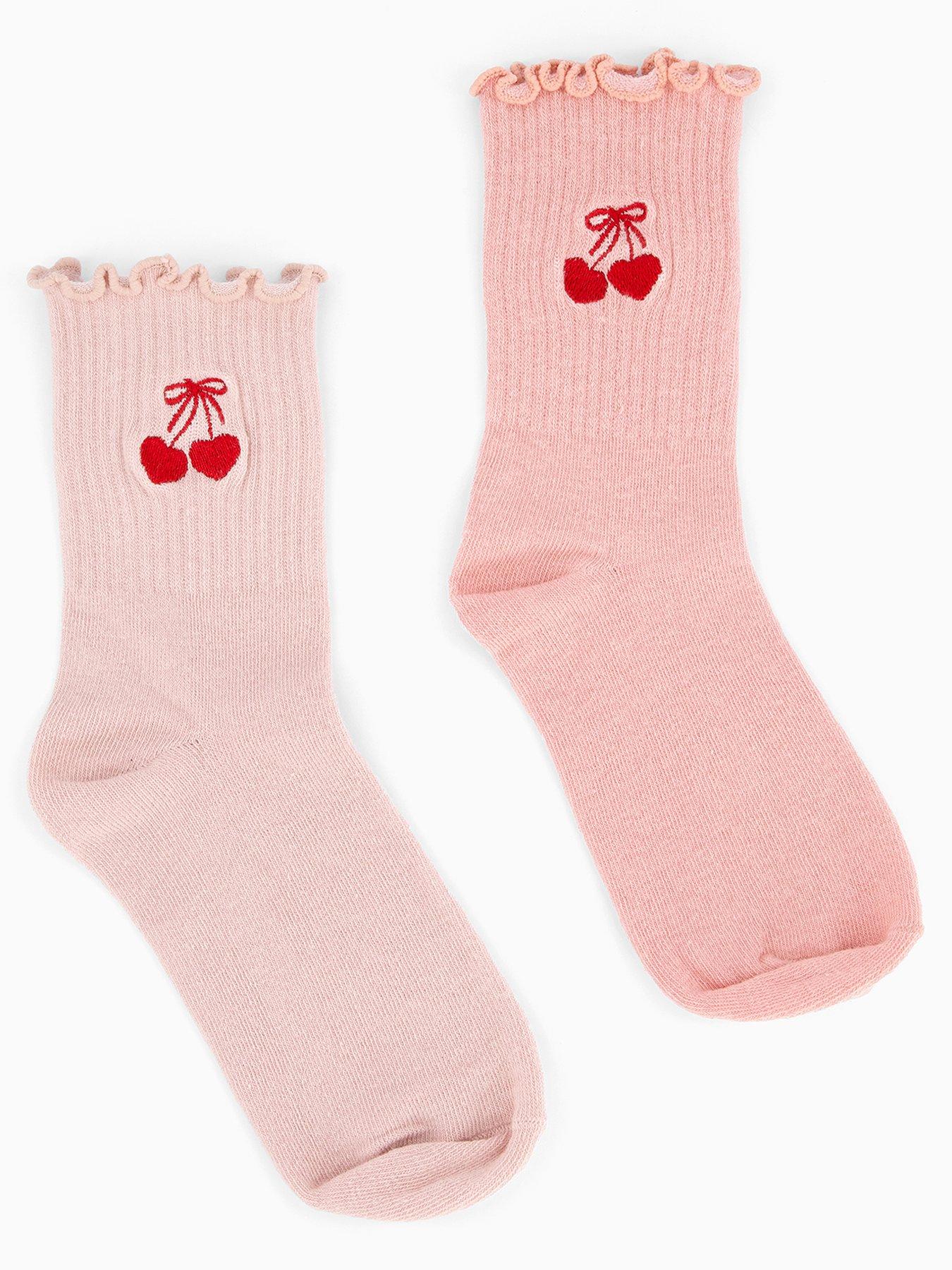 Image 2 of 4 of V by Very 5 Pack Embroidered Cherry Frill Socks - Pink