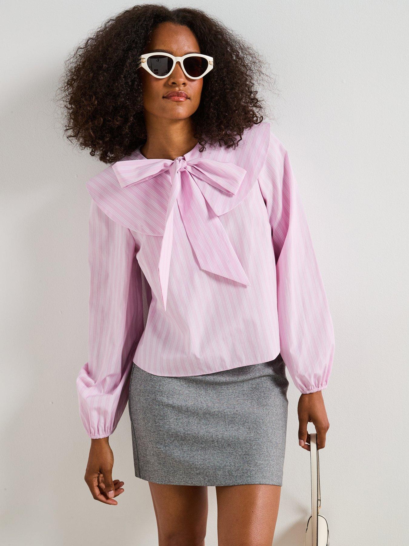 V by Very Pink Stripe Bow Detail Blouse - Pink