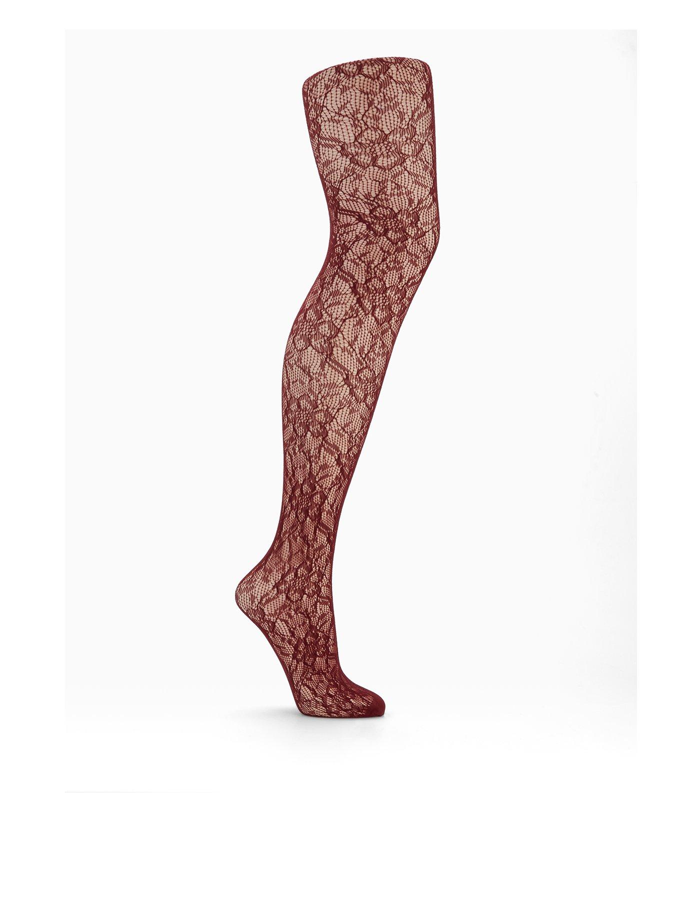 undefined Burgundy Lace Floral Tights - Red