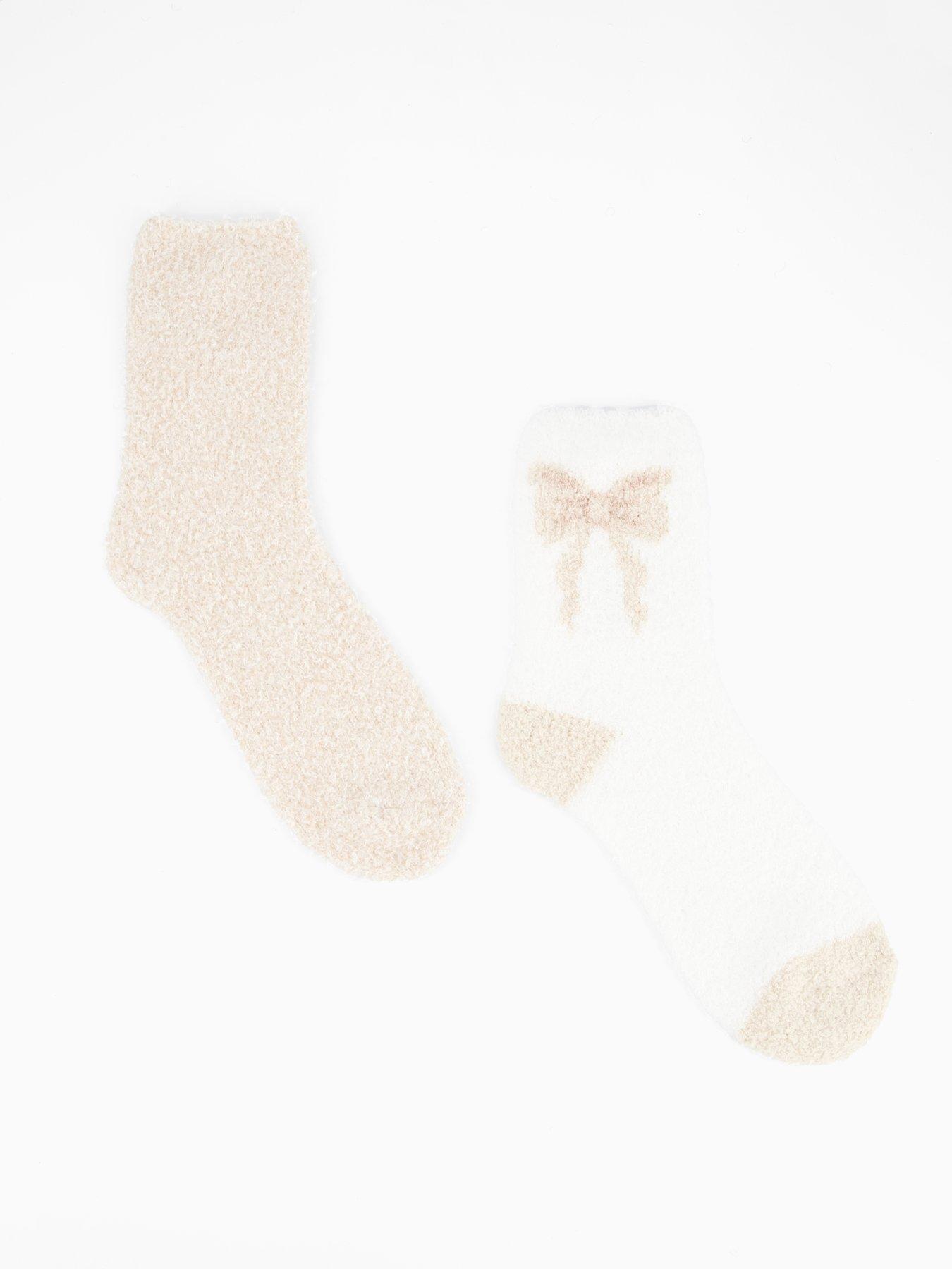 V by Very 2 Pack Bow Cosy Socks - Beige